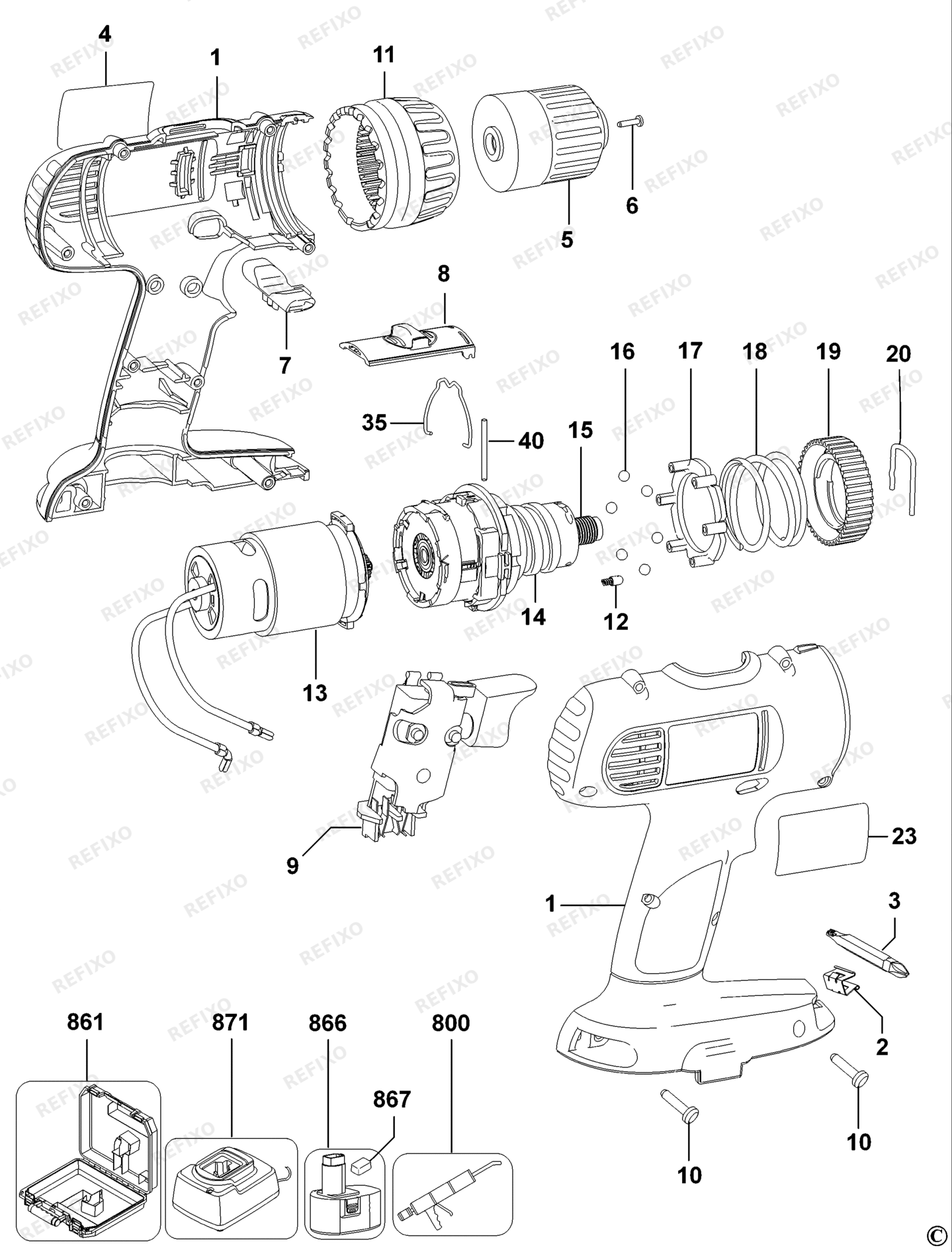 Деталировка DeWalt DC756-XJ TYPE 1 аккумуляторный - дрель DC756-XJ DC756 — схема запчастей в разборе