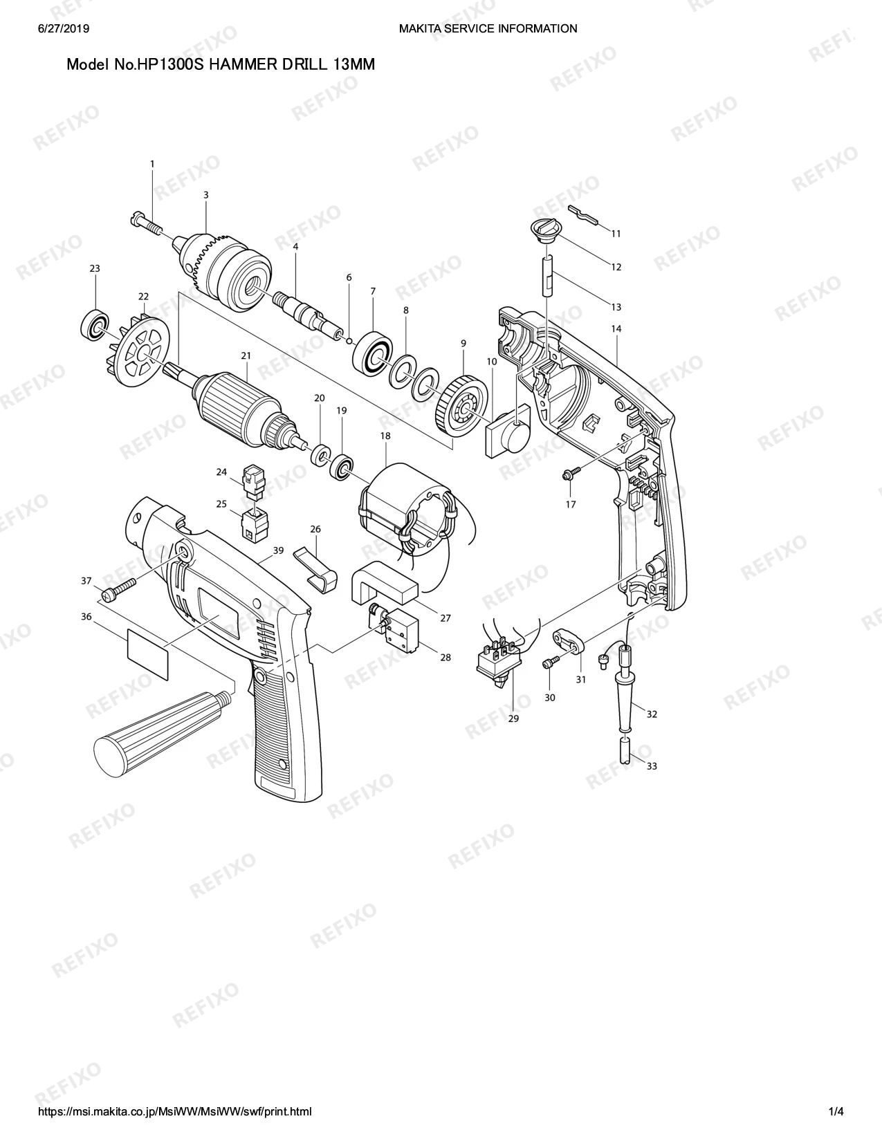 Деталировка MAKITA HP1300S — схема запчастей в разборе