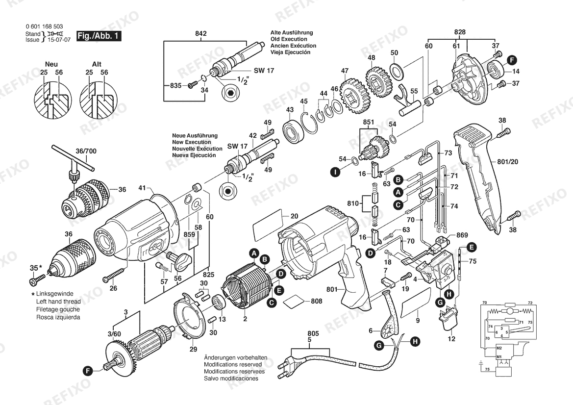 Деталировка Bosch Дрель GBM 10-2 RE | 230 V | 001 - EU (0 601 168 503) — схема запчастей в разборе