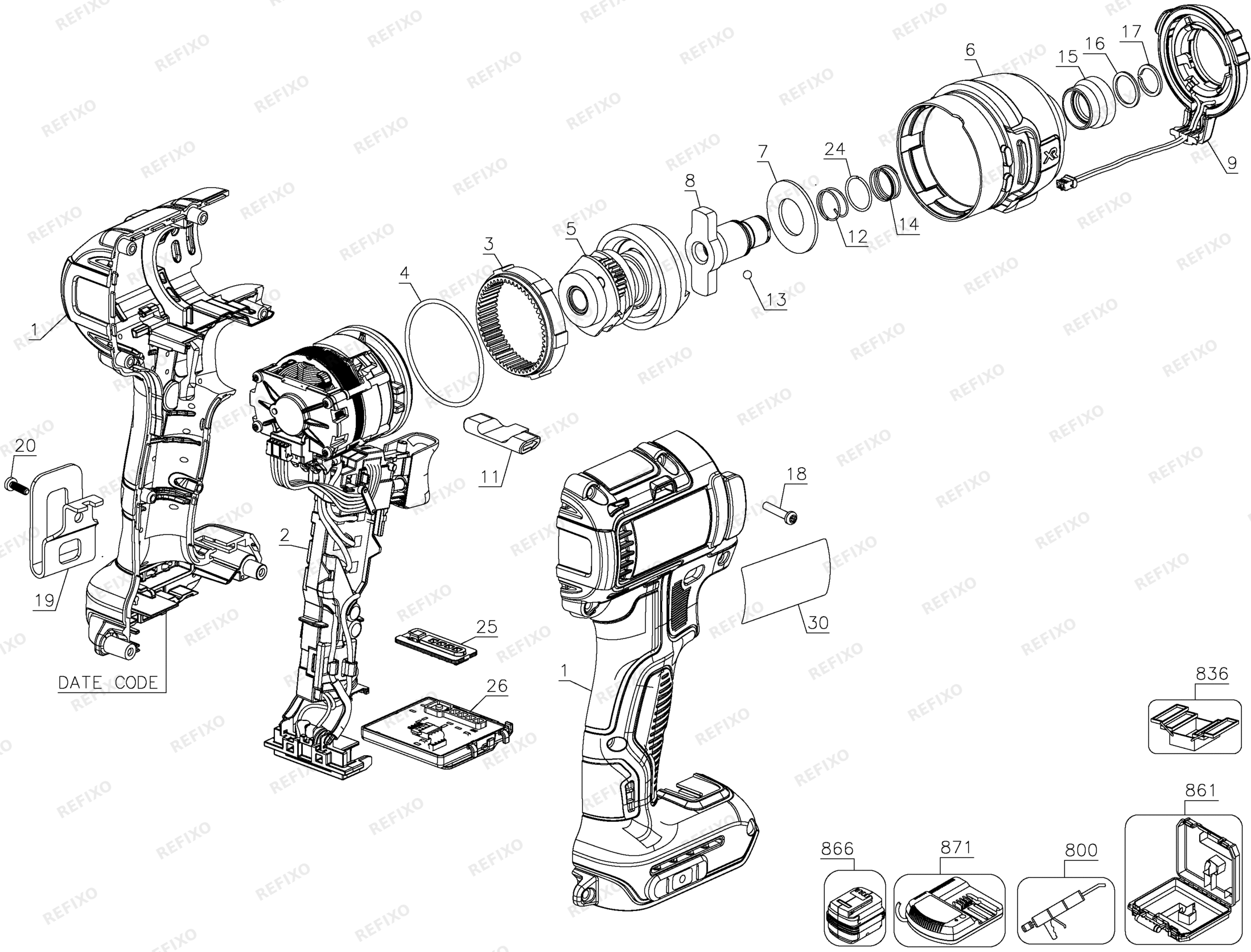Деталировка DeWalt DCF888N-XJ TYPE 1 XR 18V TC BL 4 MODE IMPAC DCF888N-XJ DCF888N — схема запчастей в разборе