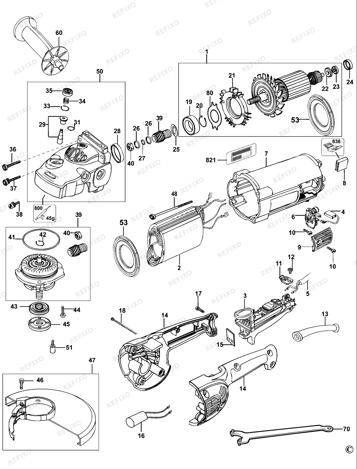 Деталировка DeWalt D28423-QS TYPE 3 угловая шлифмашина D28423-QS D28423 — схема запчастей в разборе