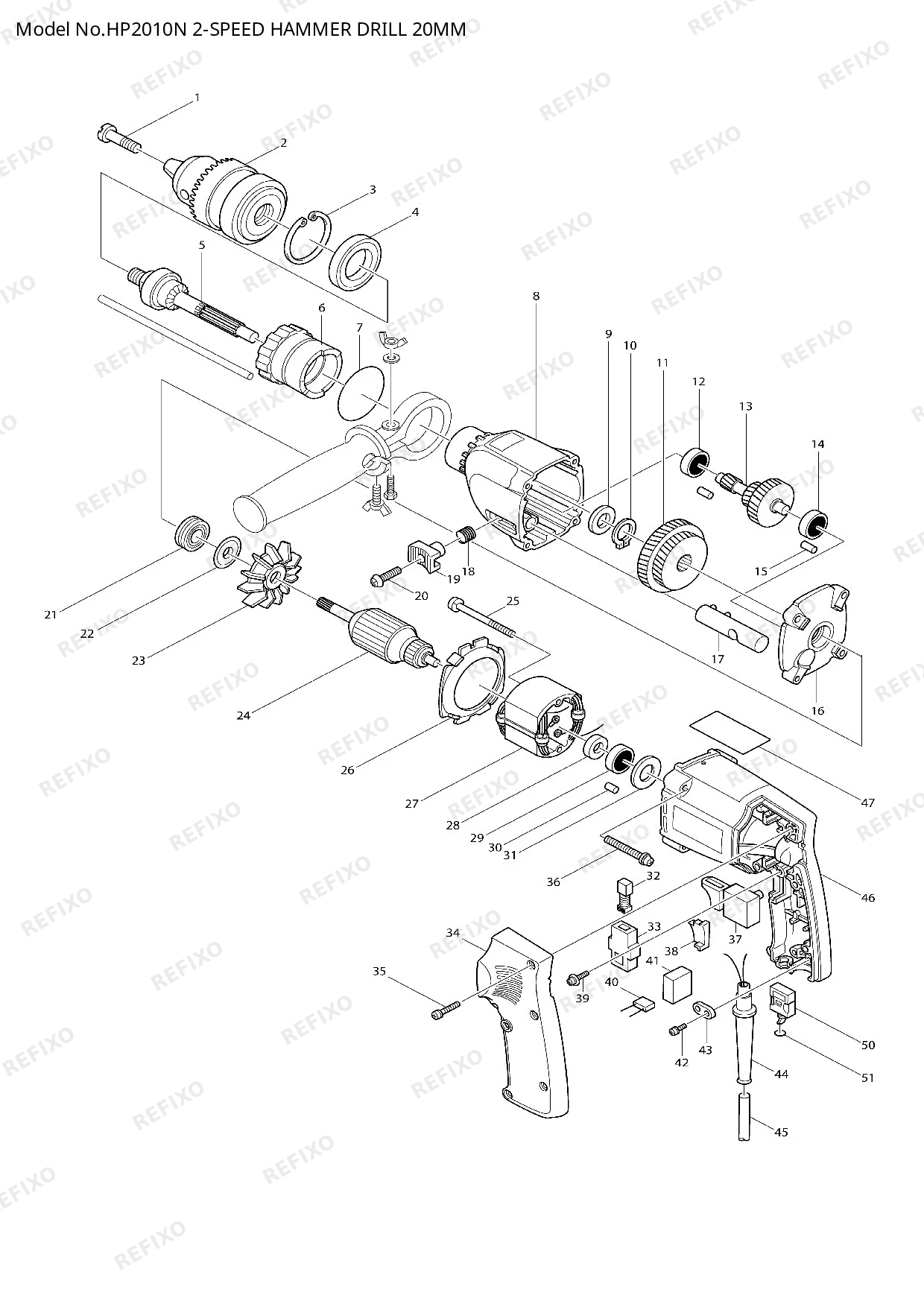 Деталировка MAKITA HP2010N — схема запчастей в разборе