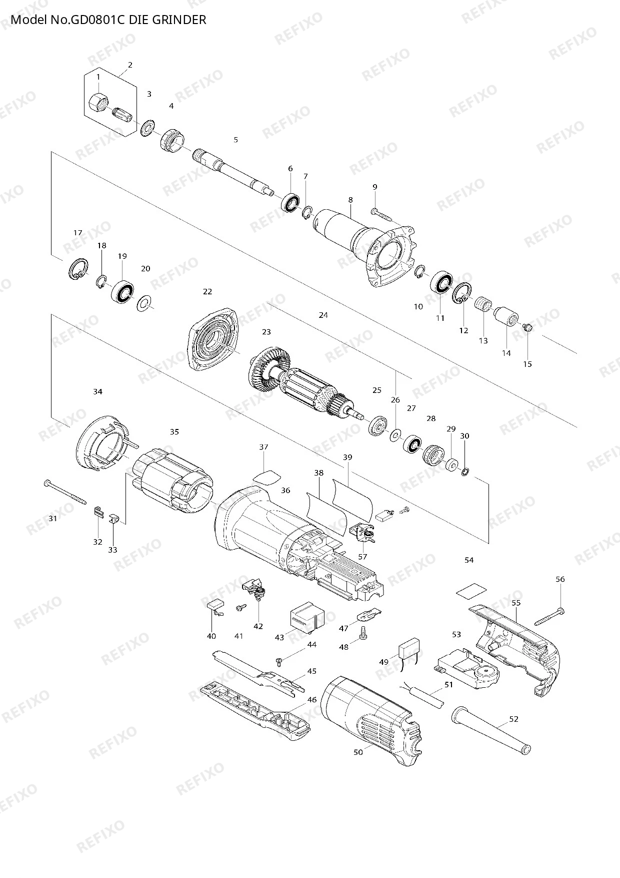 Деталировка MAKITA GD0801C — схема запчастей в разборе