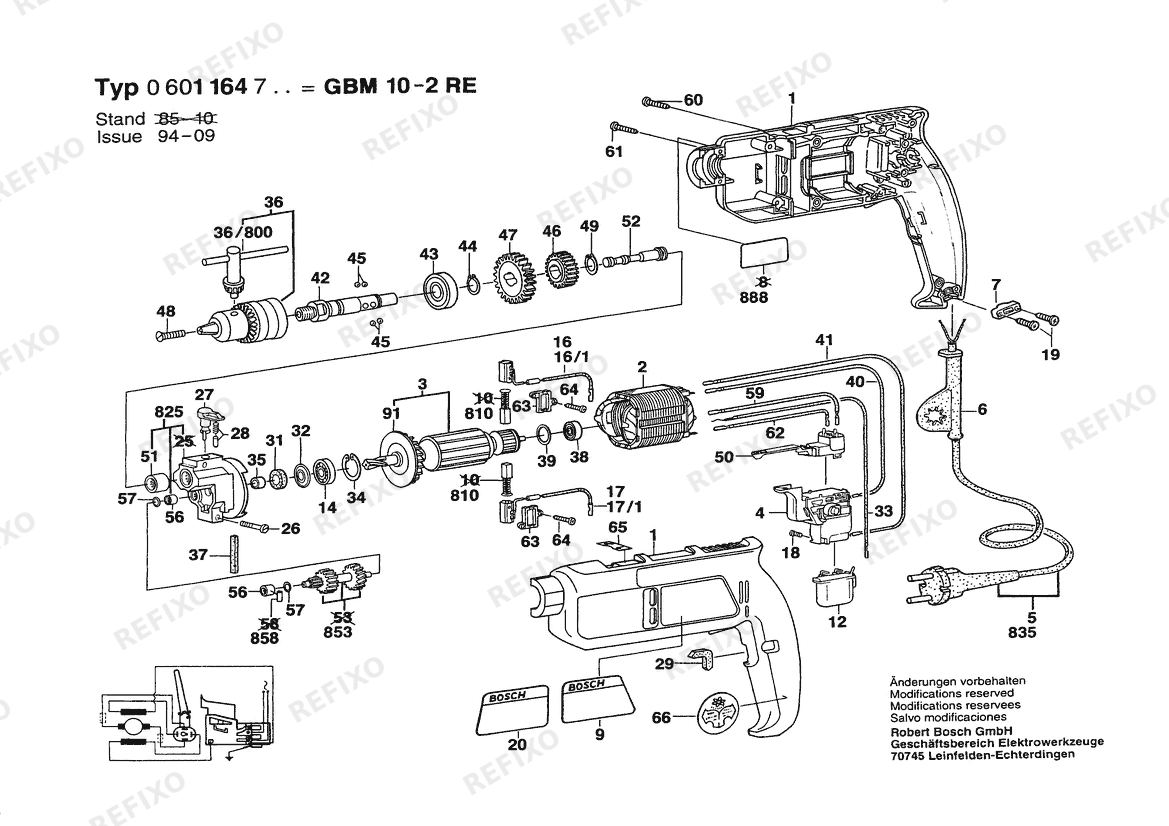 Деталировка Bosch Дрель GBM 10-2 RE | 110 V | 035 - FR (0 601 164 747) — схема запчастей в разборе