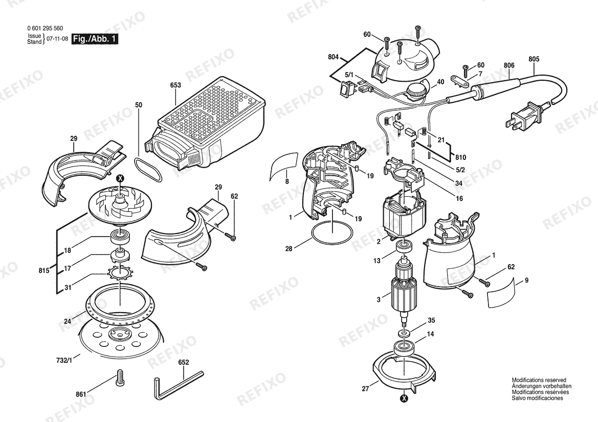 Деталировка Bosch Эксцентриковая шлифмашина 1893DVS | 120 V | 061 - US (0 601 295 560) — схема запчастей в разборе