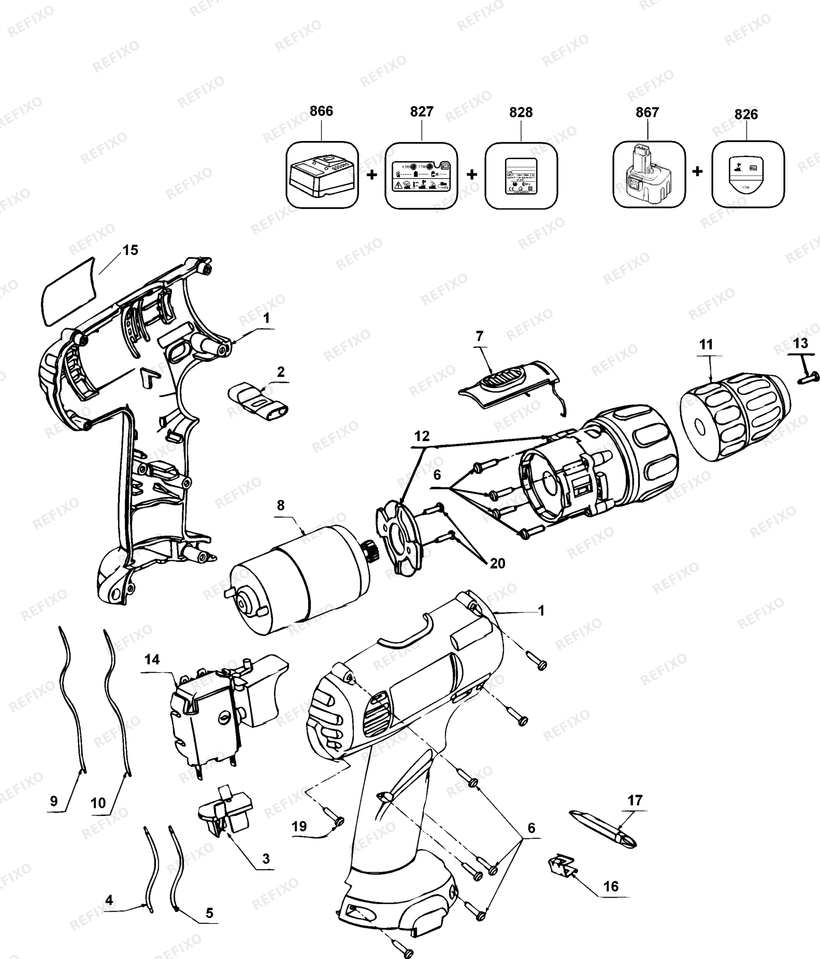Деталировка DeWalt DW926K-QS TYPE 1 аккумуляторный - дрель DW926K-QS DW926K — схема запчастей в разборе