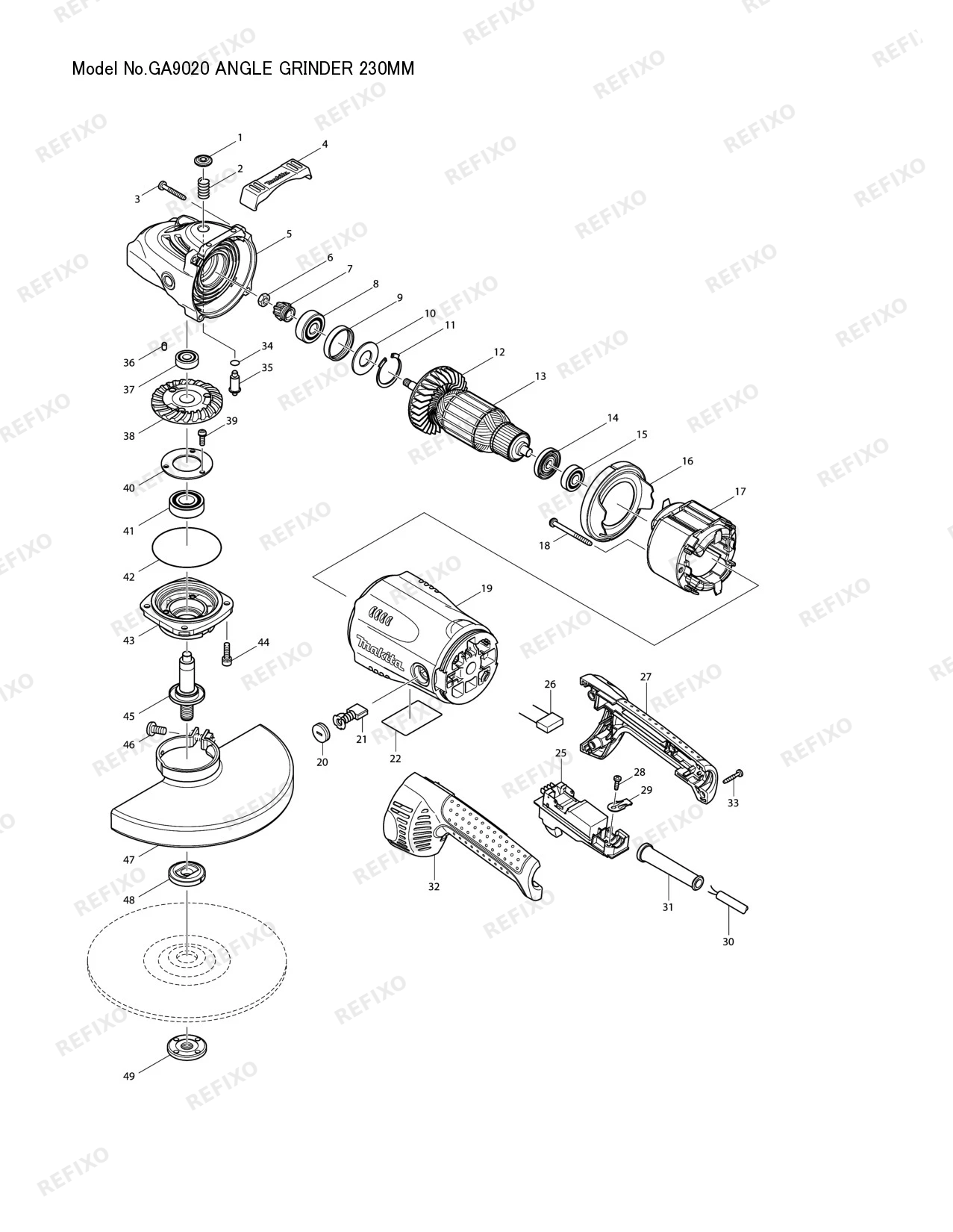 Деталировка MAKITA GA9020F — схема запчастей в разборе