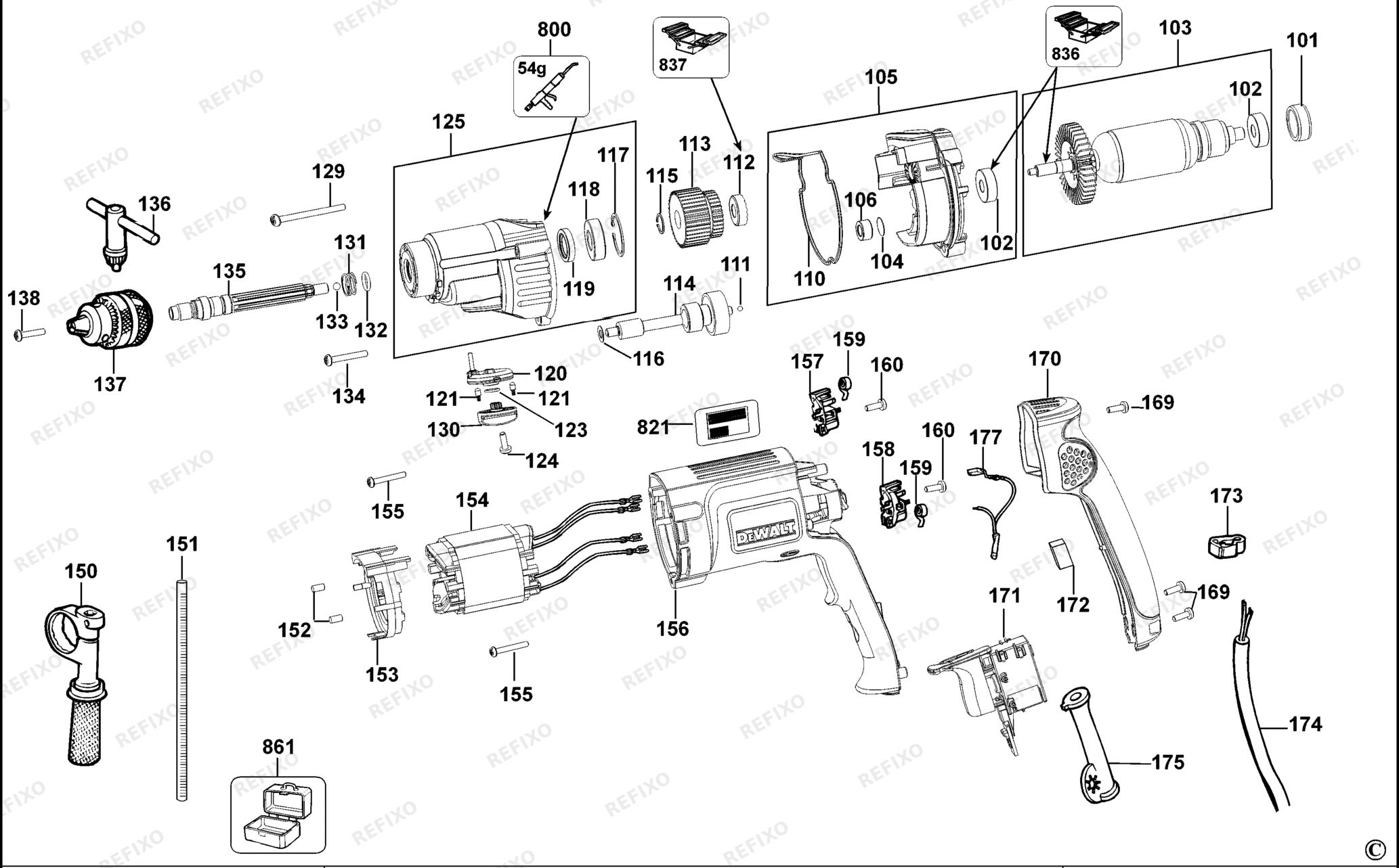 Деталировка DeWalt DW520-XJ TYPE 1 BOHRER DW520-XJ DW520 — схема запчастей в разборе