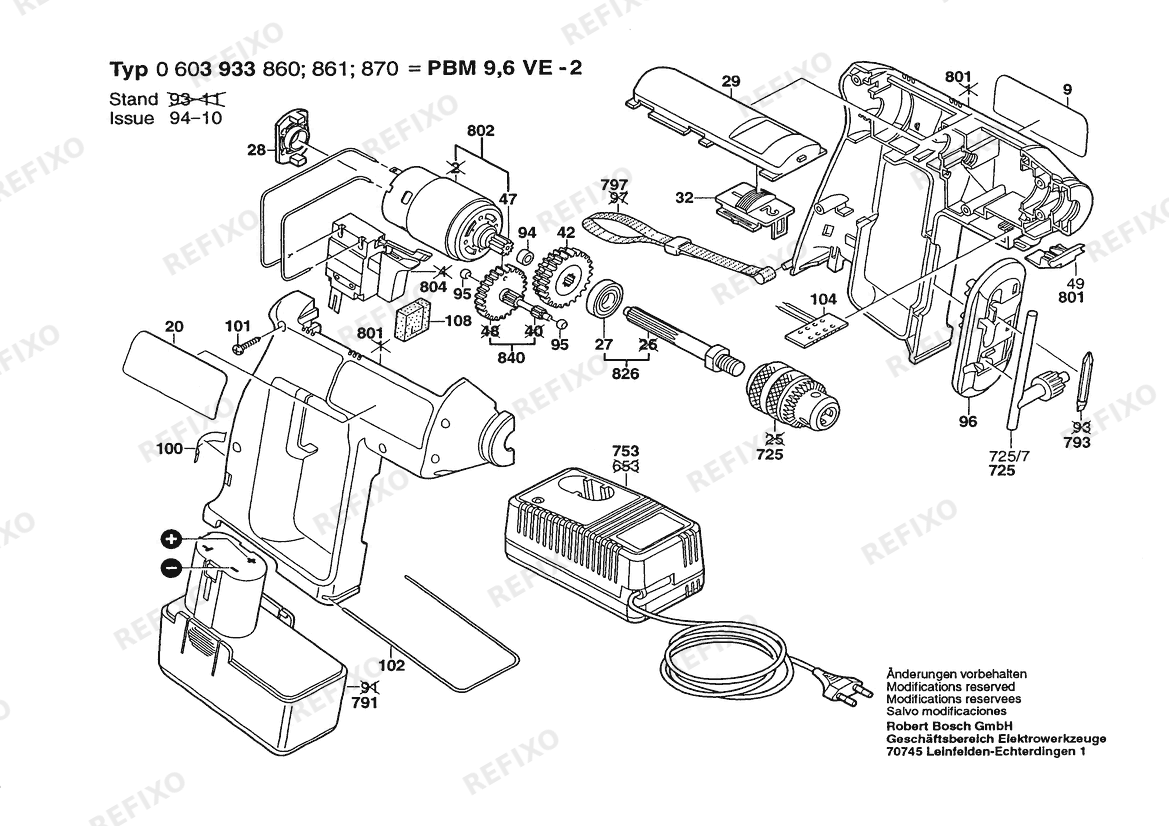 Деталировка Bosch Hw- аккумуляторный - дрель PBM 9,6 VE-2 | 9.6 V | 027 - AU (0 603 933 864) — схема запчастей в разборе