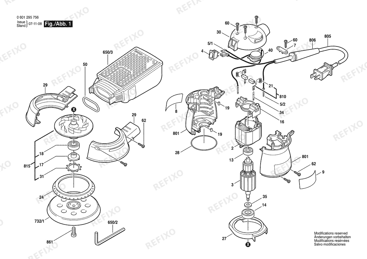 Деталировка Bosch Эксцентриковая шлифмашина 1295 DVS | 120 V | 061 - US (0 601 295 756) — схема запчастей в разборе