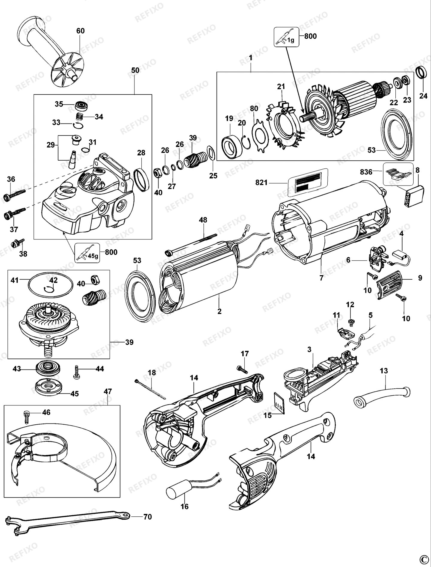 Деталировка DeWalt D28415-QS TYPE 2 угловая шлифмашина D28415-QS D28415 — схема запчастей в разборе
