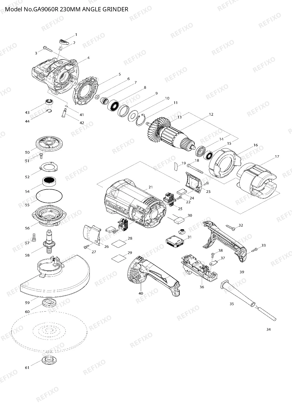 Деталировка MAKITA GA9060R — схема запчастей в разборе