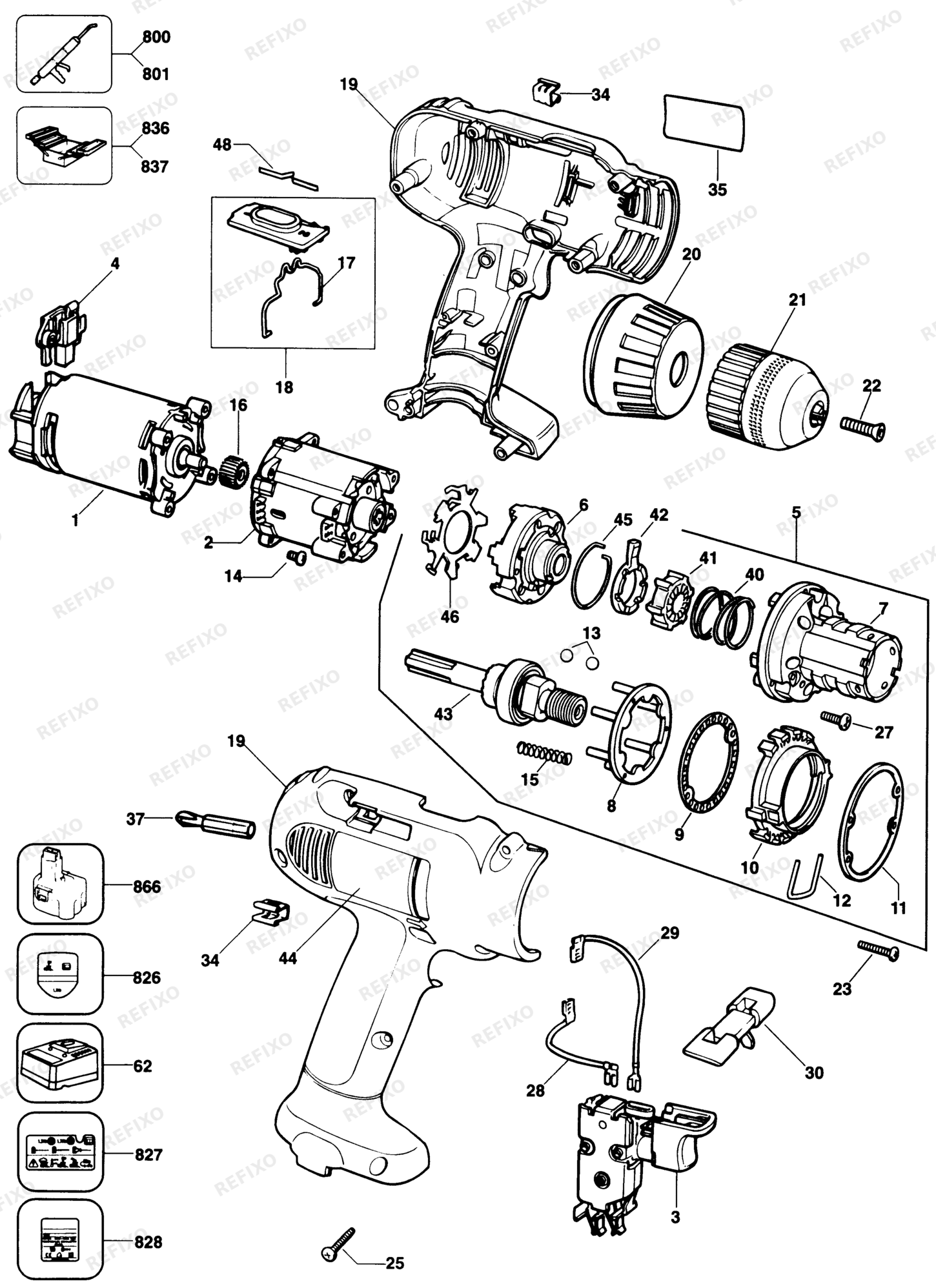 Деталировка DeWalt DW909-QW TYPE 1 аккумуляторный - дрель DW909-QW DW909 — схема запчастей в разборе