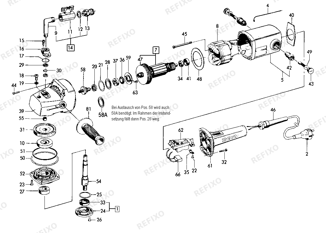 Деталировка Flex LW 1302 A Naß- шлифмашина — схема запчастей в разборе