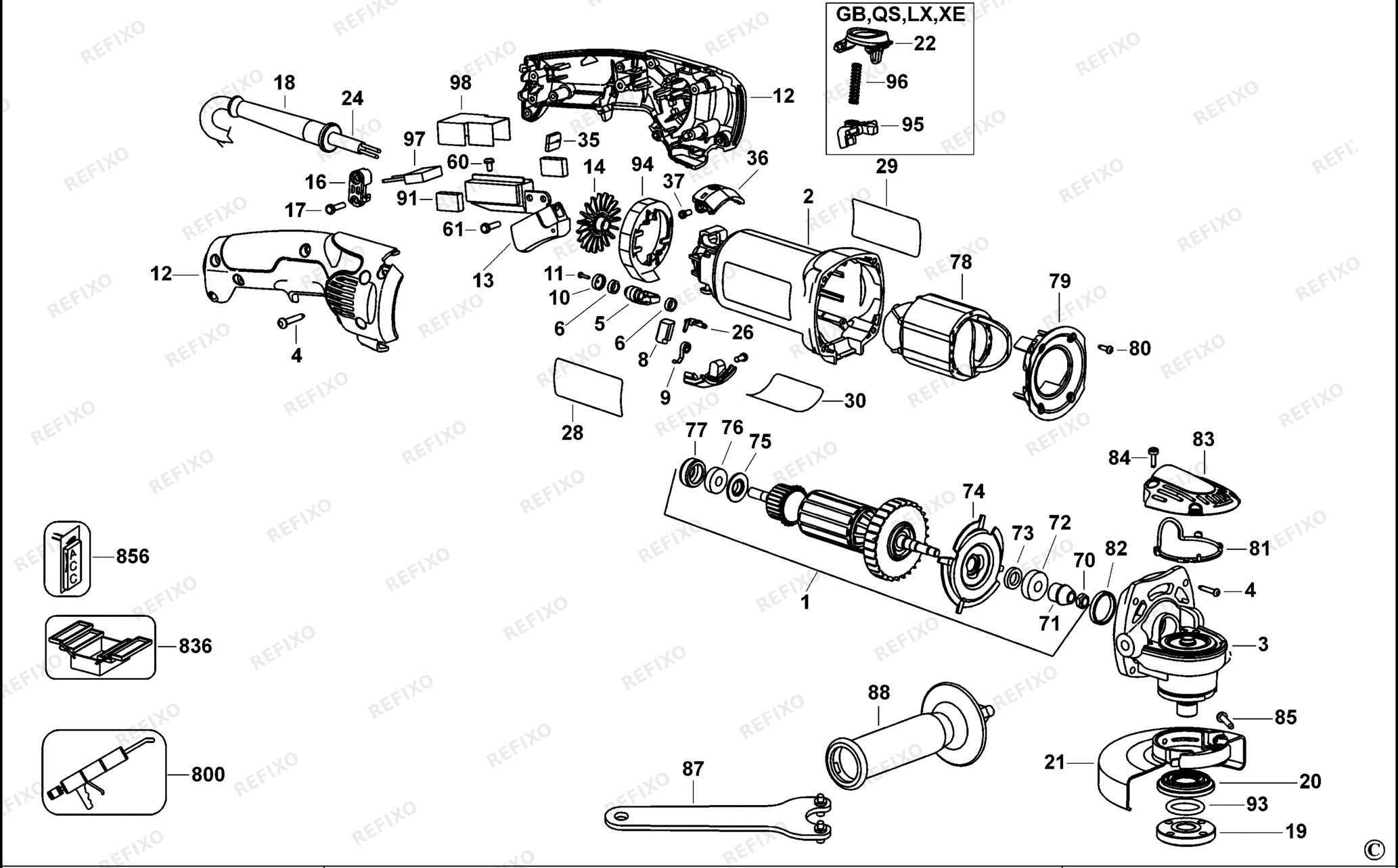 Деталировка DeWalt D28065-QS TYPE 1 SMALL ANGLE GRINDER D28065-QS D28065 — схема запчастей в разборе
