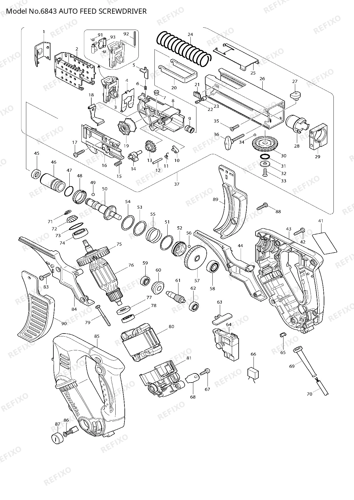 Деталировка MAKITA 6843 — схема запчастей в разборе