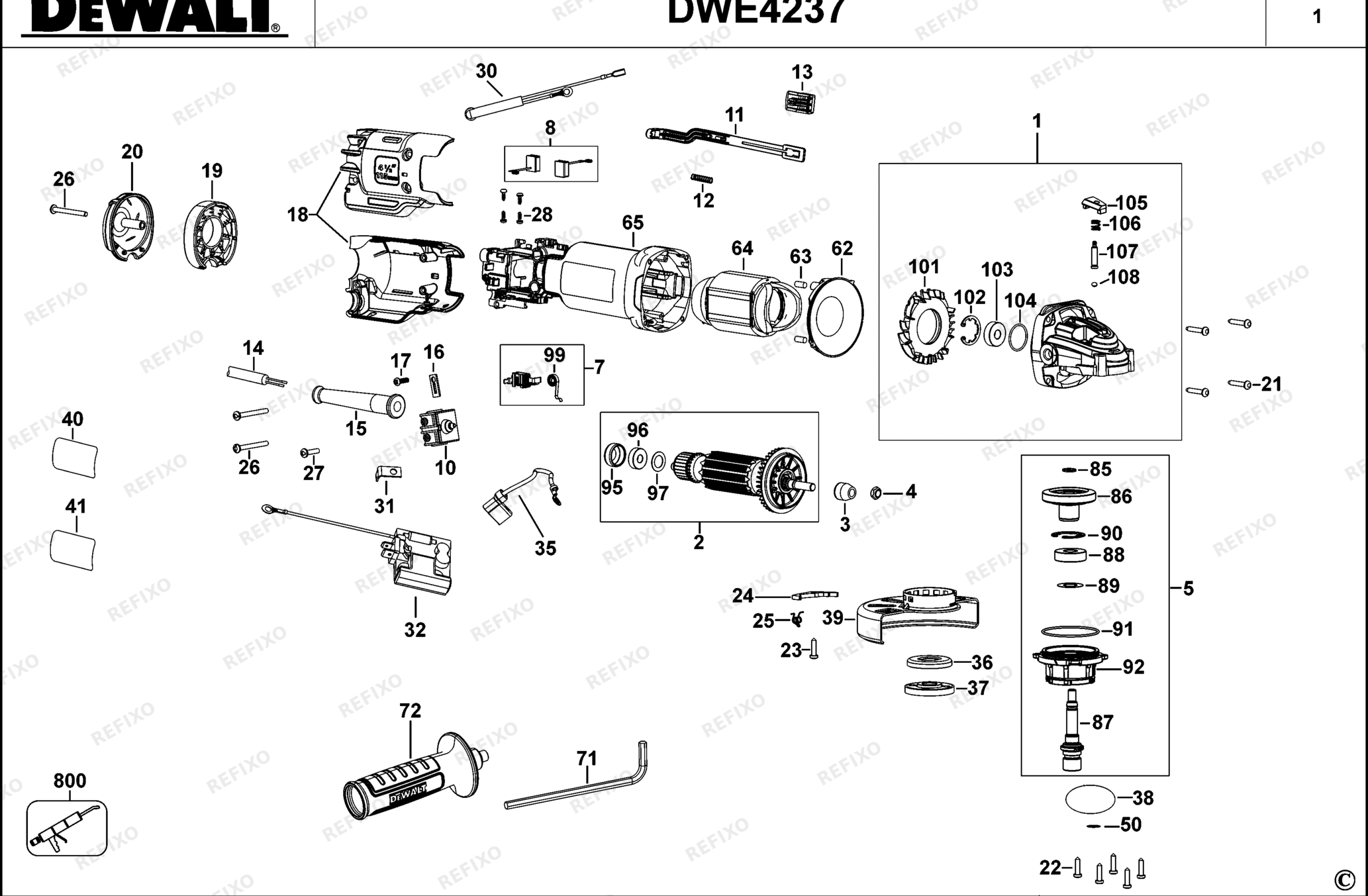Деталировка DeWalt DWE4237-QS TYPE 1 SMALL ANGLE GRINDER DWE4237-QS DWE4237 — схема запчастей в разборе