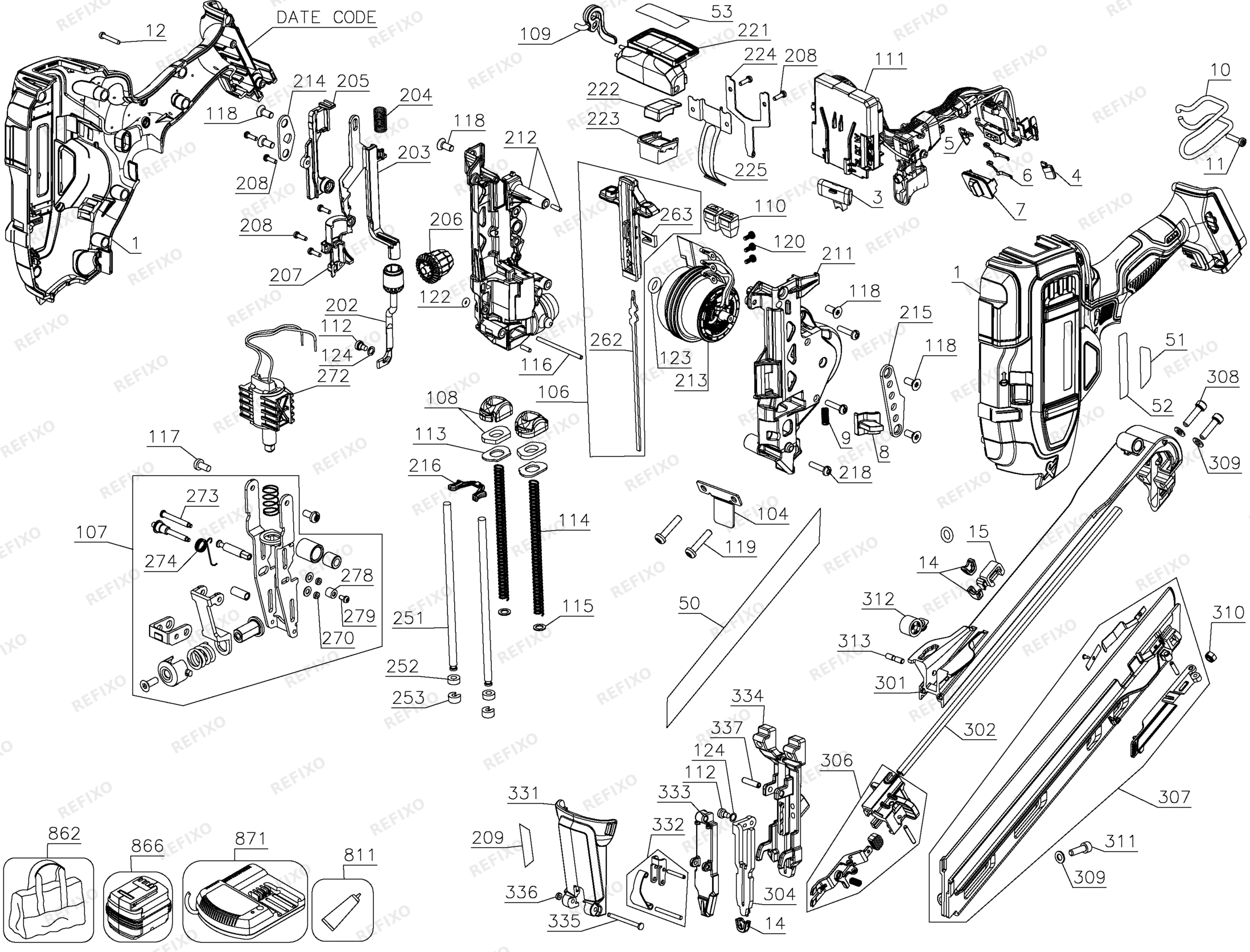 Деталировка DeWalt DCN650N-XJ TYPE 1 18V 15GA NAILER DCN650N-XJ DCN650N — схема запчастей в разборе