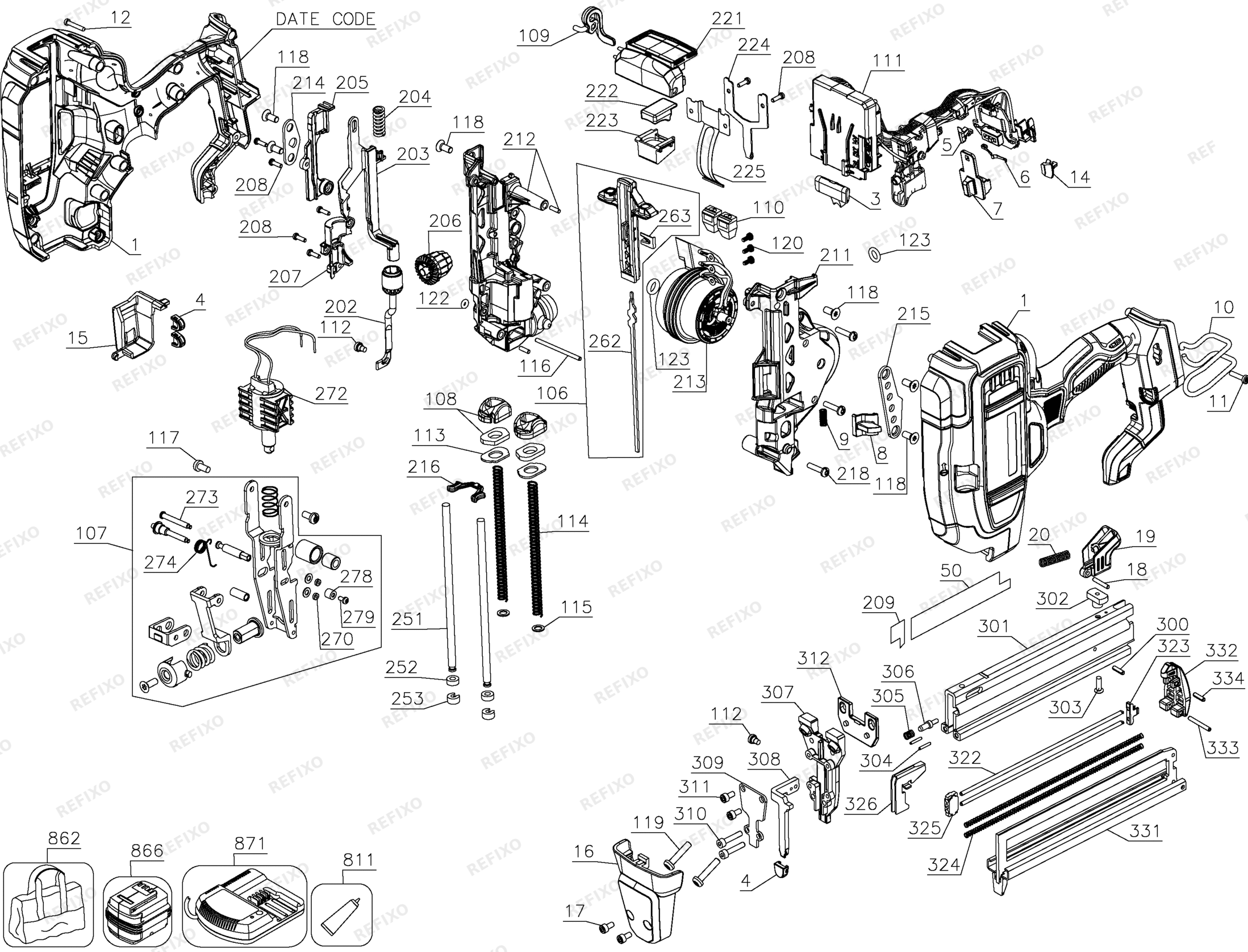 Деталировка DeWalt DCN681N-XJ TYPE 1 18V 18GA NARROW CROWN STA DCN681N-XJ DCN681N — схема запчастей в разборе