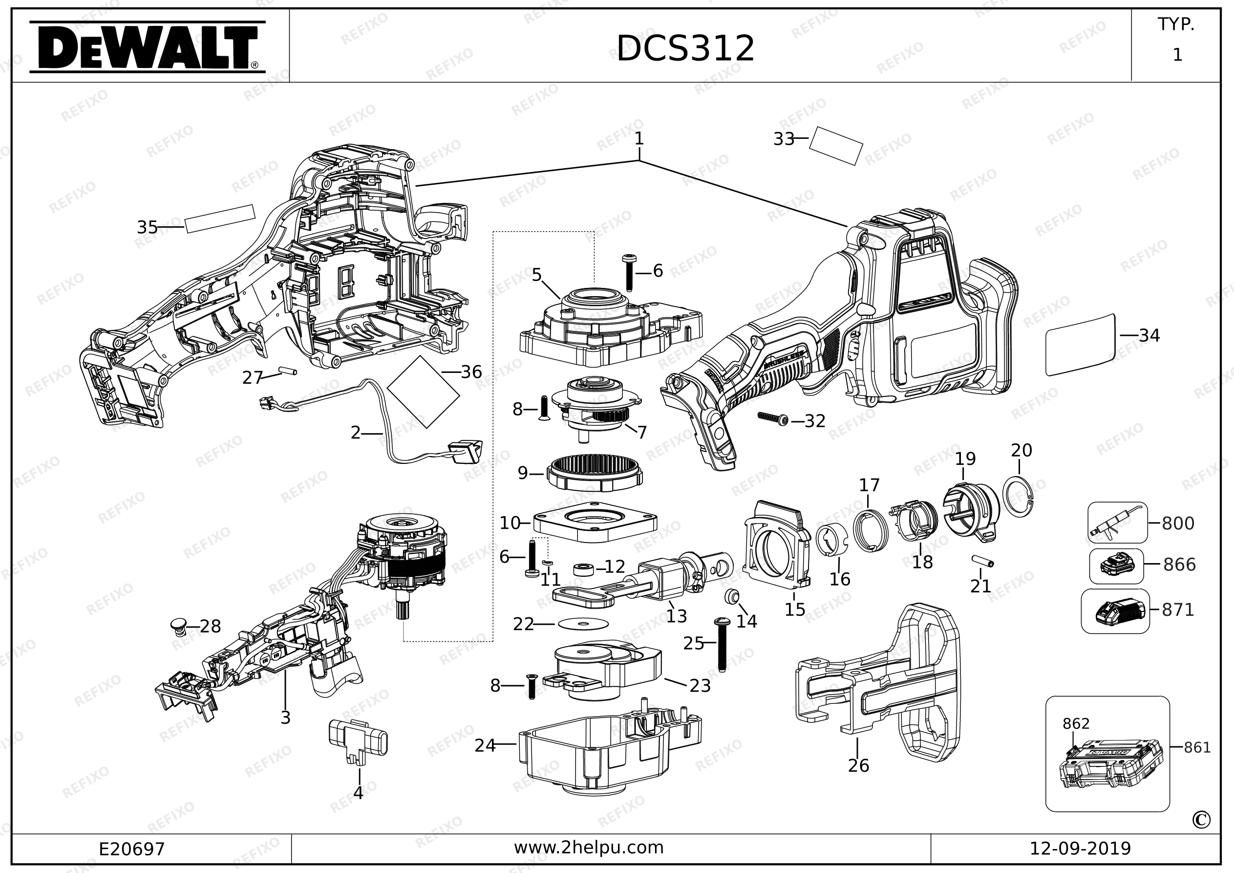Деталировка DeWalt АККУМУЛЯТОРНАЯ САБЕЛЬНАЯ ПИЛА DCS312D2 — схема запчастей в разборе