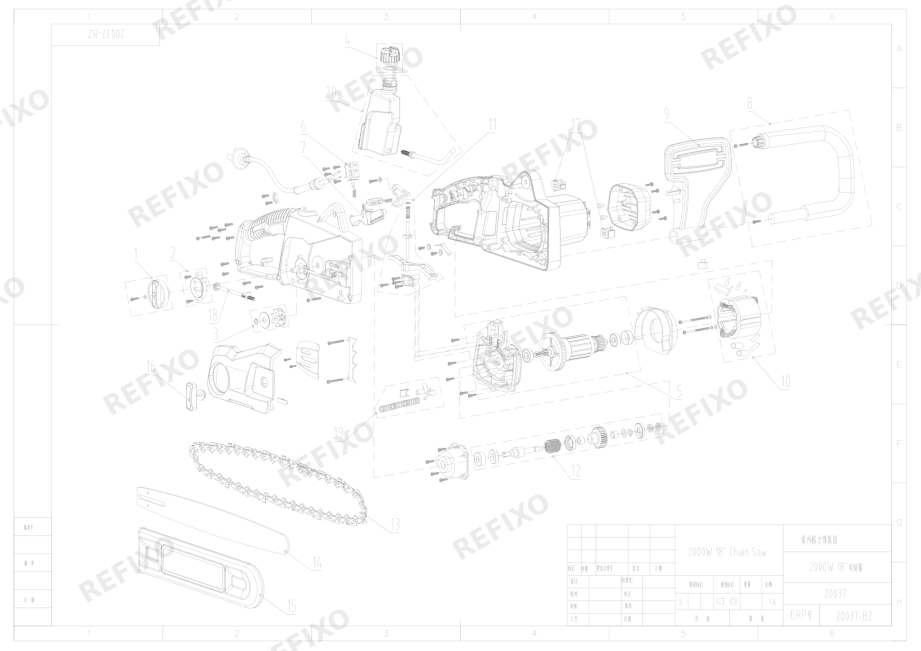 Деталировка Greenworks 20037 2000W Chain Saw — схема запчастей в разборе