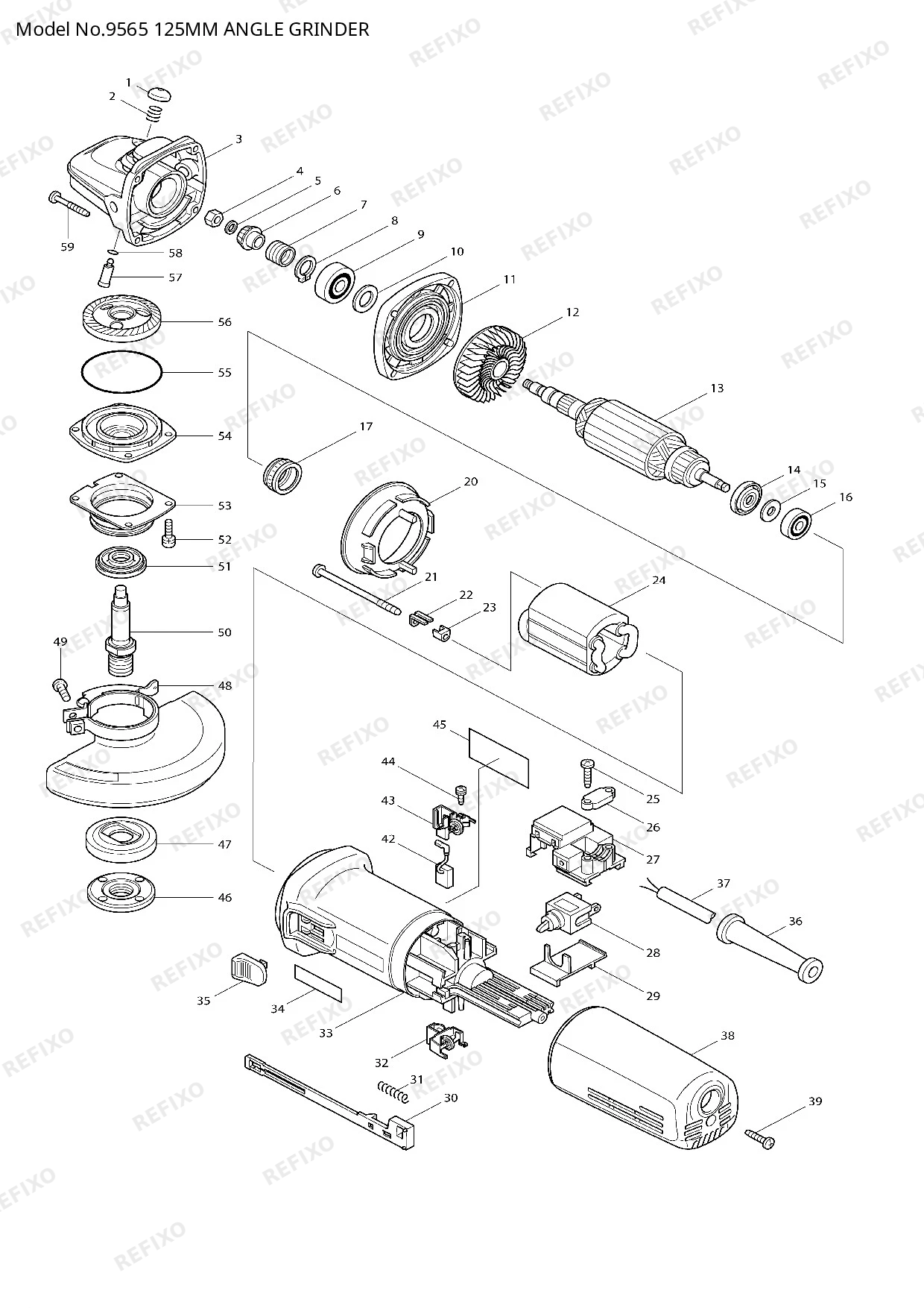 Деталировка MAKITA 9565 — схема запчастей в разборе