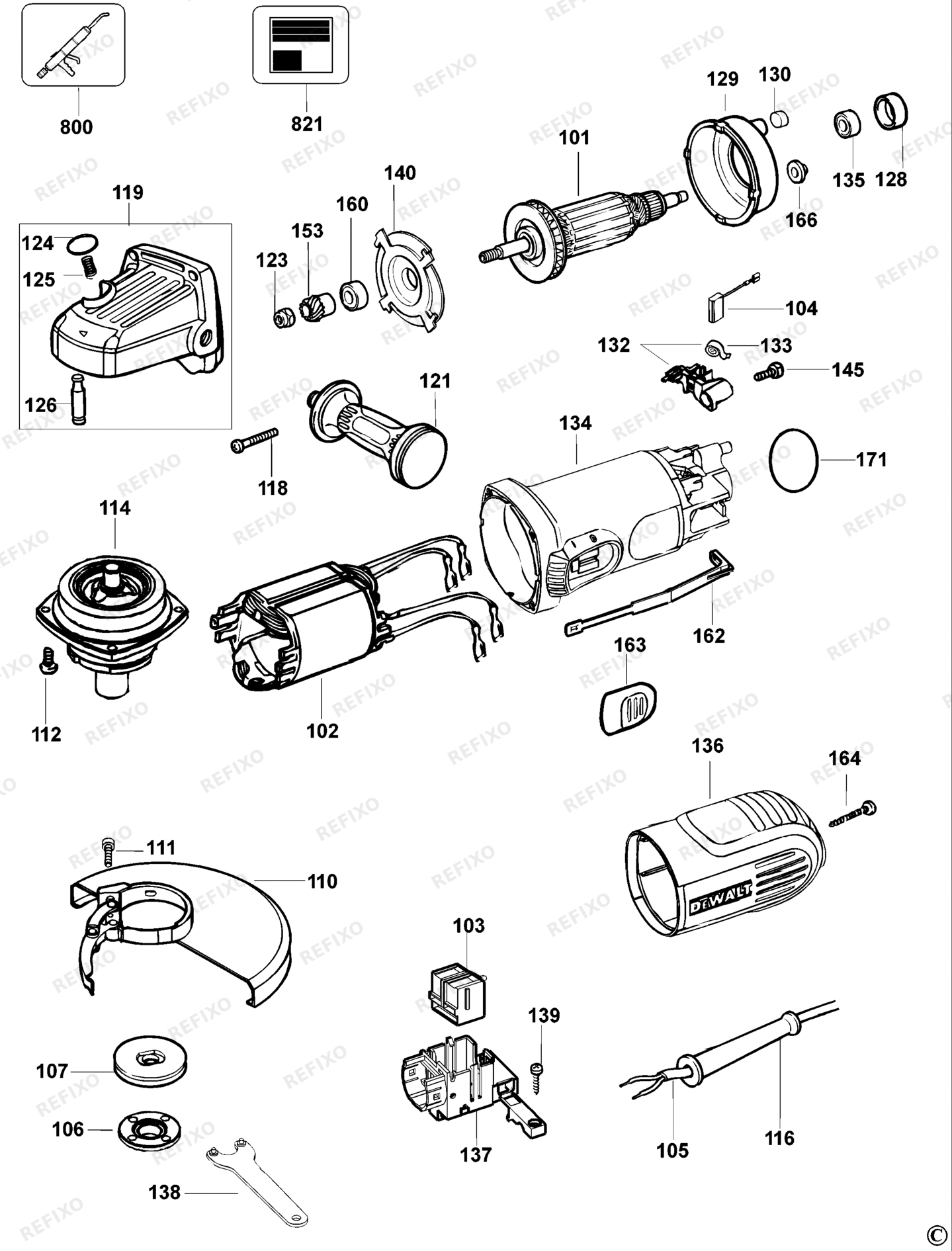 Деталировка DeWalt D28129-QS TYPE 1 SMALL ANGLE GRINDER D28129-QS D28129 — схема запчастей в разборе
