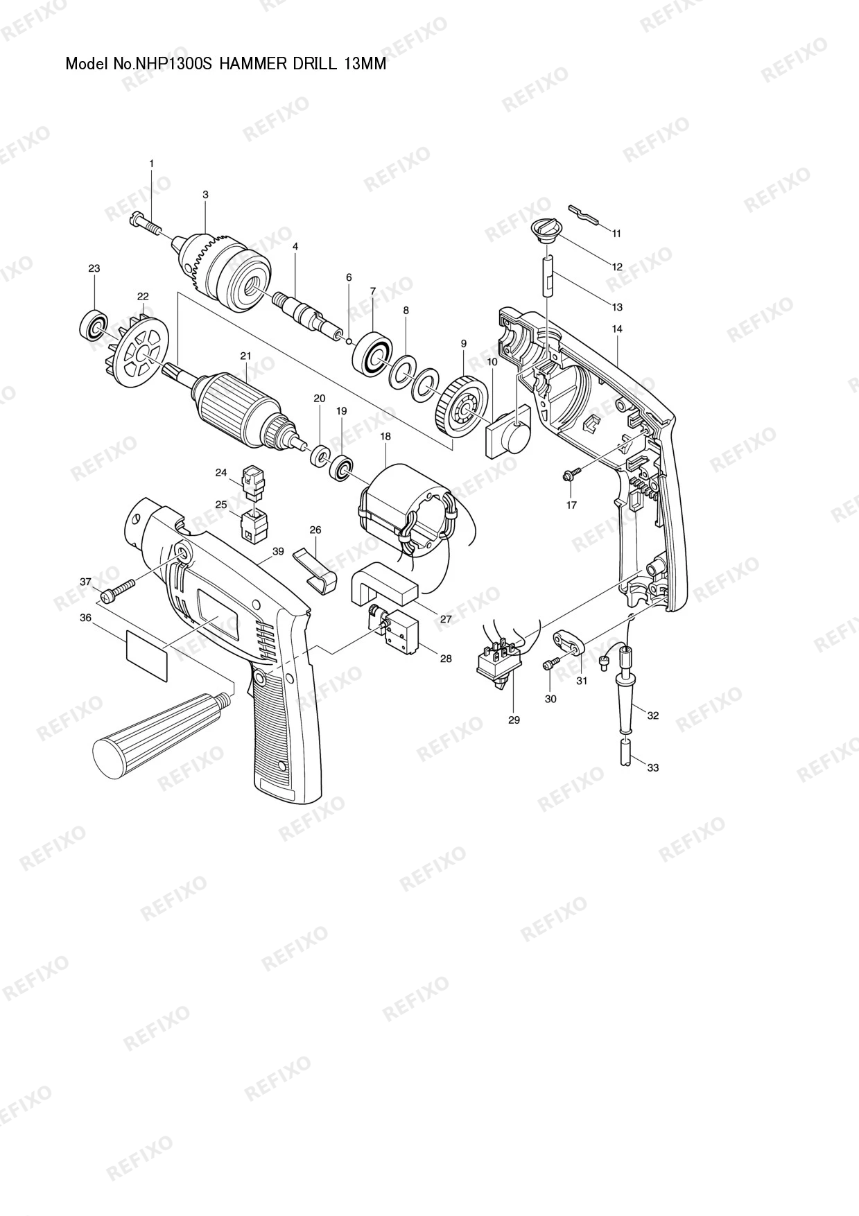 Деталировка MAKITA NHP1300S — схема запчастей в разборе