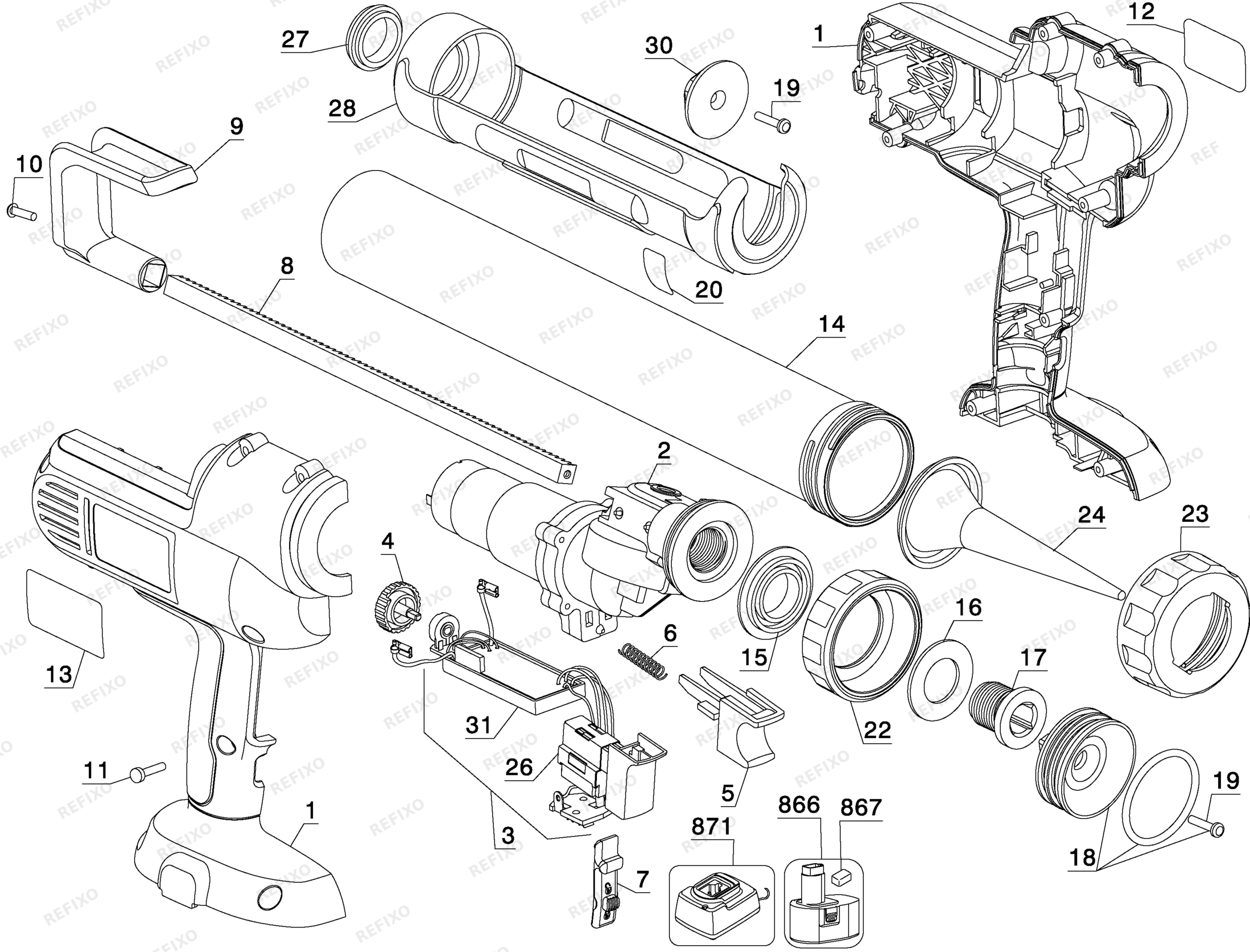 Деталировка DeWalt DC547-XJ TYPE 11 KARTUSCHENPISTOLE DC547-XJ DC547 — схема запчастей в разборе