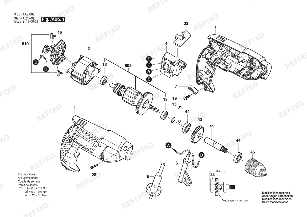 Деталировка Bosch Дрель GBM 345 | 220 V (3 601 AA9 08A) — схема запчастей в разборе