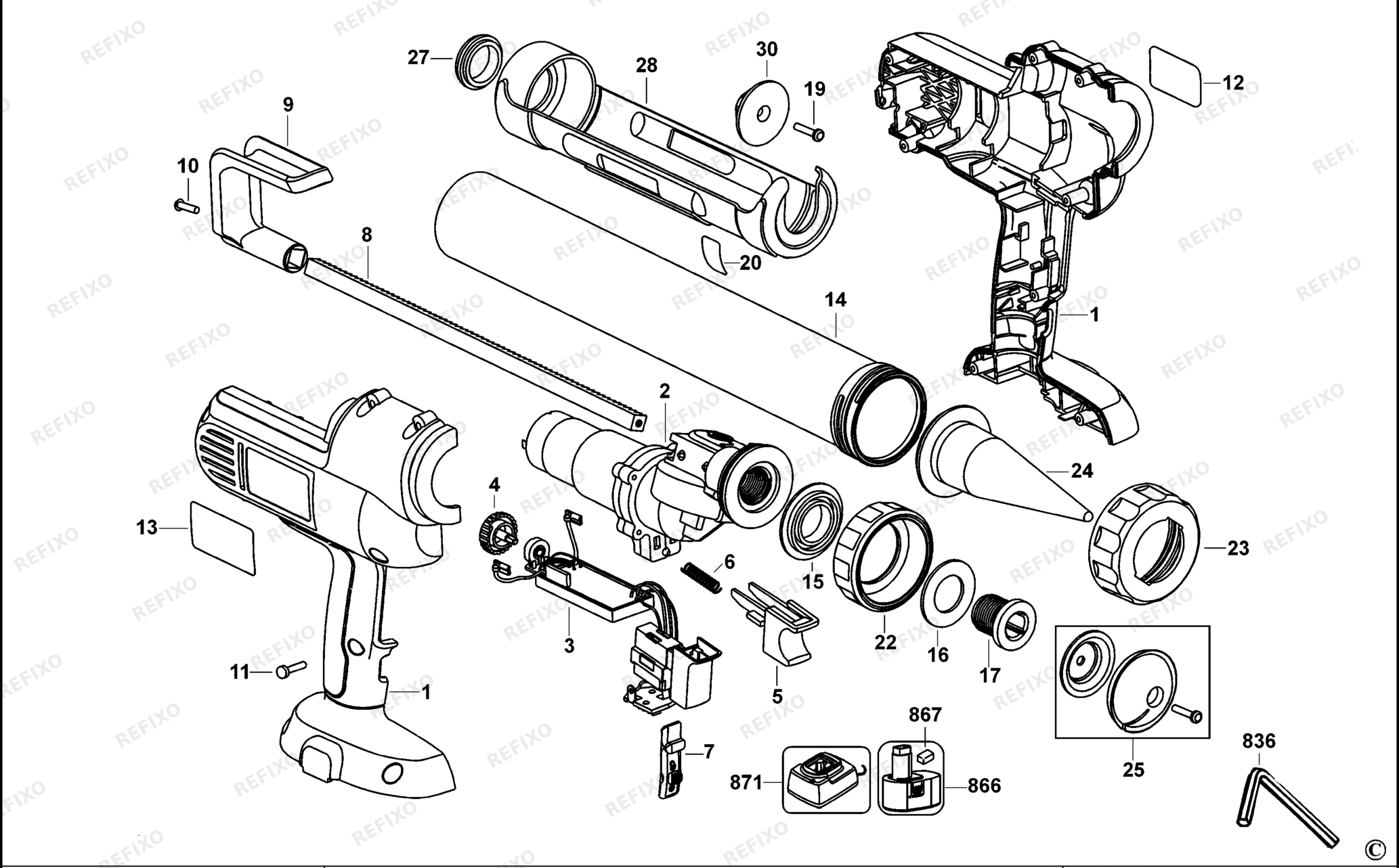 Деталировка DeWalt DC542K-QW TYPE 1 KARTUSCHENPISTOLE DC542K-QW DC542K — схема запчастей в разборе