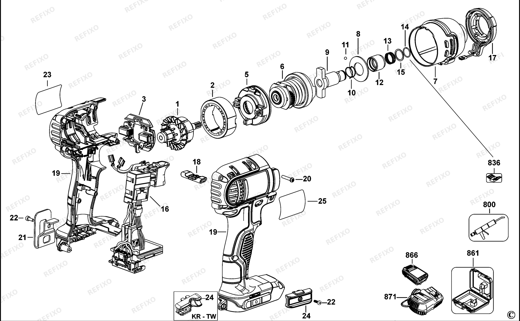 Деталировка DeWalt DCF885C2-QW TYPE 1 SCHLAGSCHRAUBER DCF885C2-QW DCF885C2 — схема запчастей в разборе