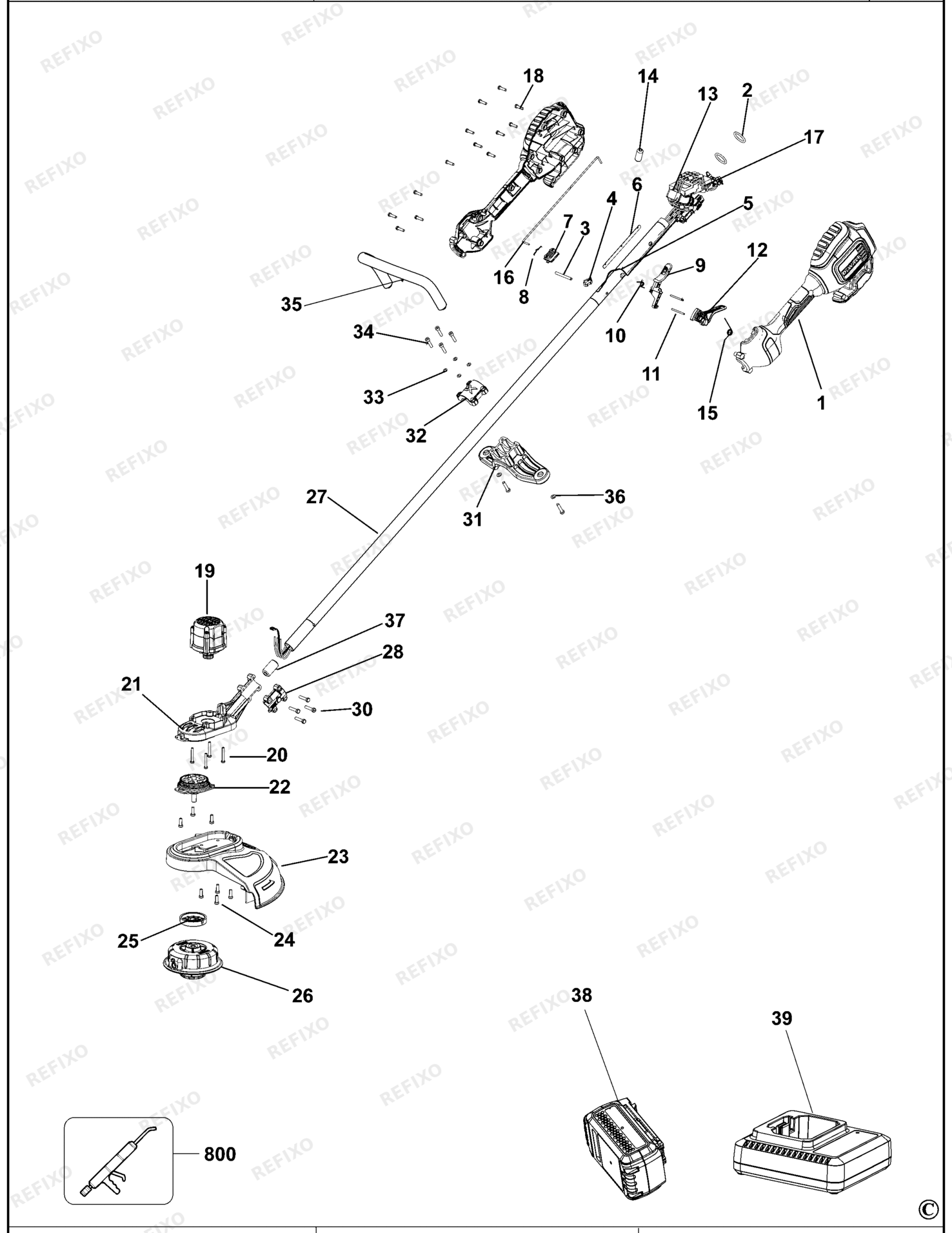 Деталировка DeWalt DCM561P1-QW TYPE 1 RASENTRIMMER DCM561P1-QW DCM561P1 — схема запчастей в разборе