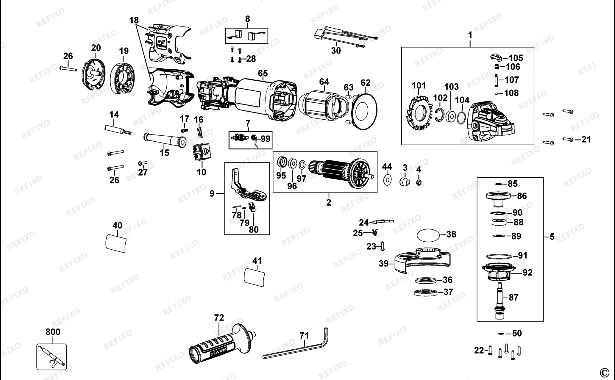 Деталировка DeWalt DWE4233-QS TYPE 1 SMALL ANGLE GRINDER DWE4233-QS DWE4233 — схема запчастей в разборе