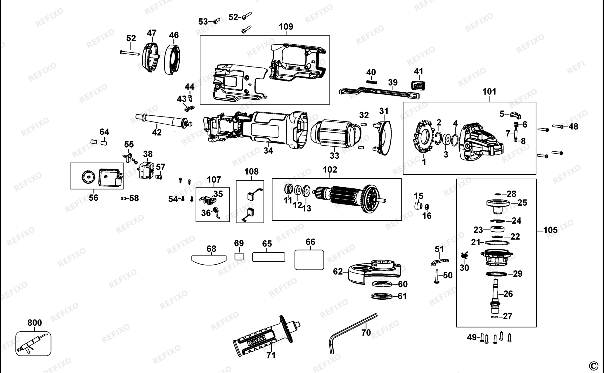 Деталировка DeWalt DWE4247-XJ TYPE 1 SMALL ANGLE GRINDER DWE4247-XJ DWE4247 — схема запчастей в разборе