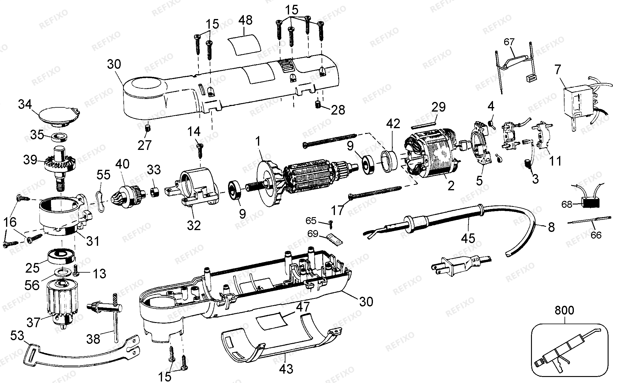 Деталировка DeWalt D21160-QS TYPE 1 10mm Right Angle Drill D21160-QS D21160 — схема запчастей в разборе