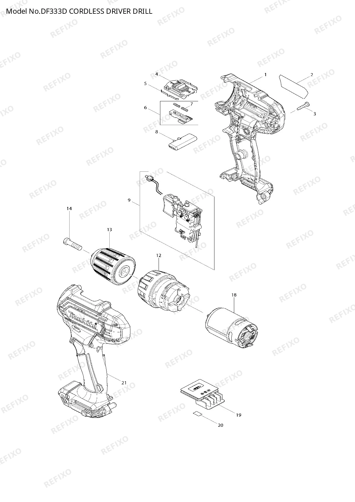 Деталировка MAKITA DF333D — схема запчастей в разборе