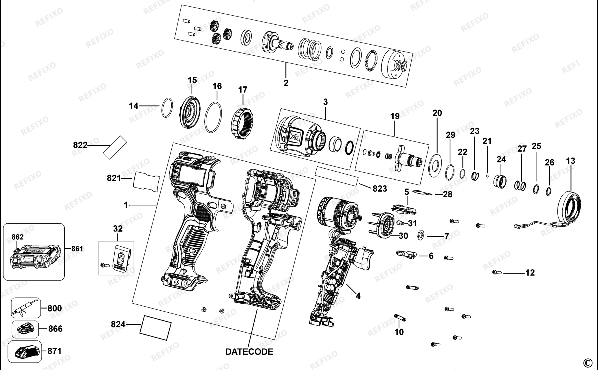 Деталировка DeWalt DCF801-QW TYPE 1 SCHLAGSCHRAUBER DCF801-QW DCF801 — схема запчастей в разборе
