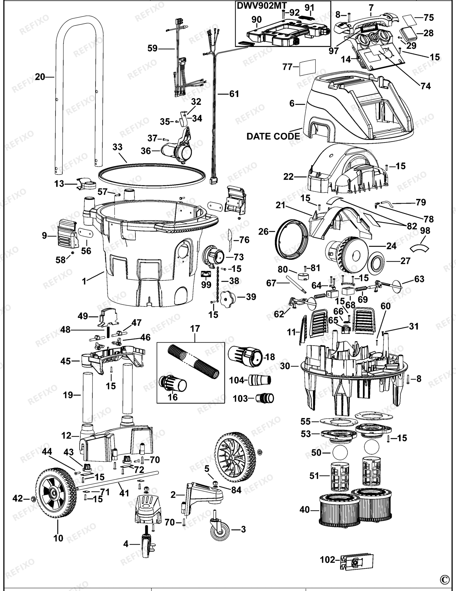 Деталировка DeWalt DWV902M-LX TYPE 2 STAUBABSAUGER DWV902M-LX DWV902M — схема запчастей в разборе