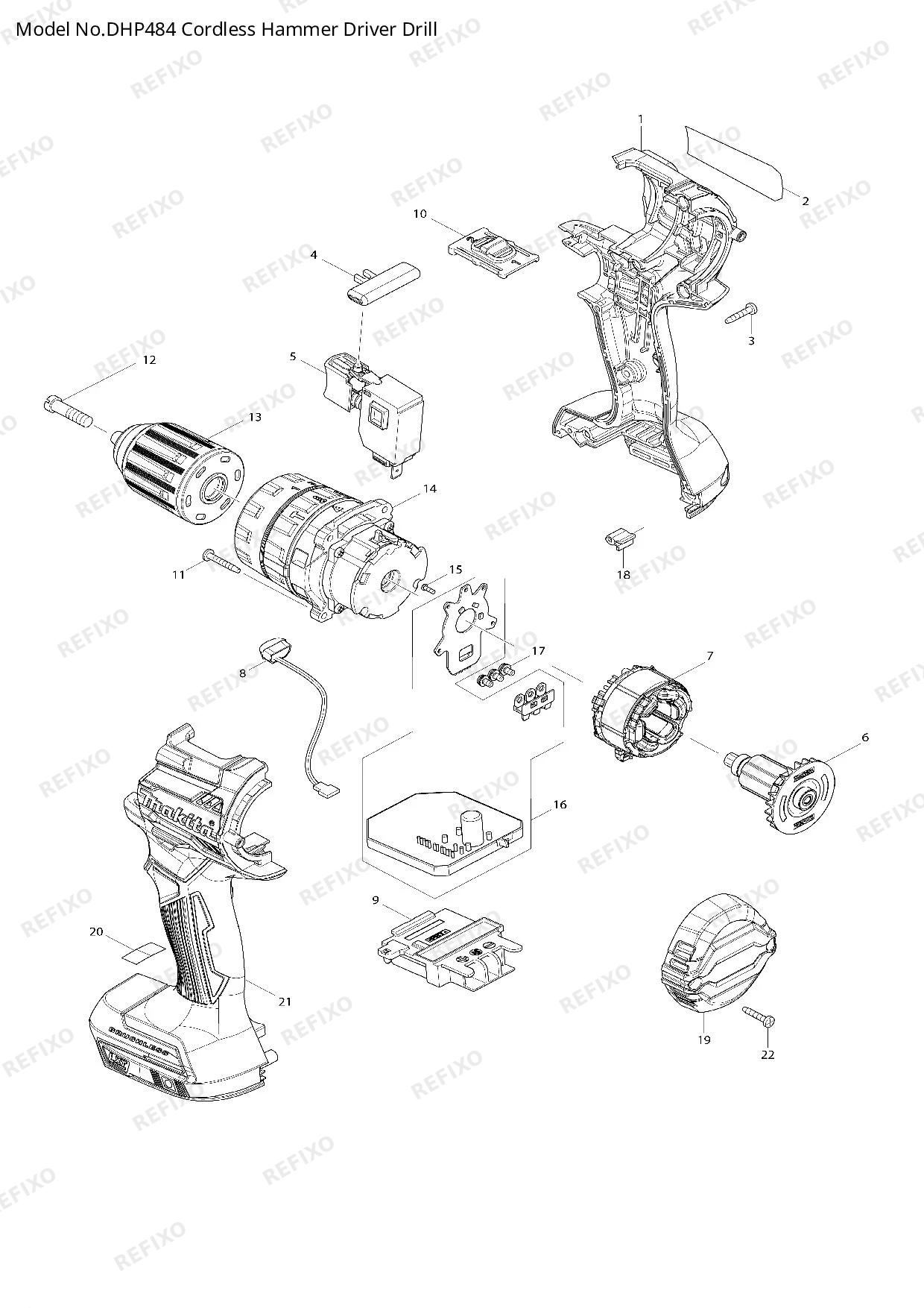 Деталировка MAKITA DHP484 — схема запчастей в разборе