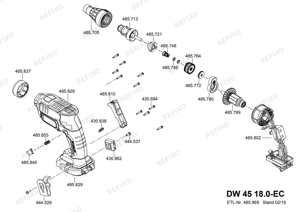 Деталировка Flex DW 45 18.0-EC2.5 набор — схема запчастей в разборе