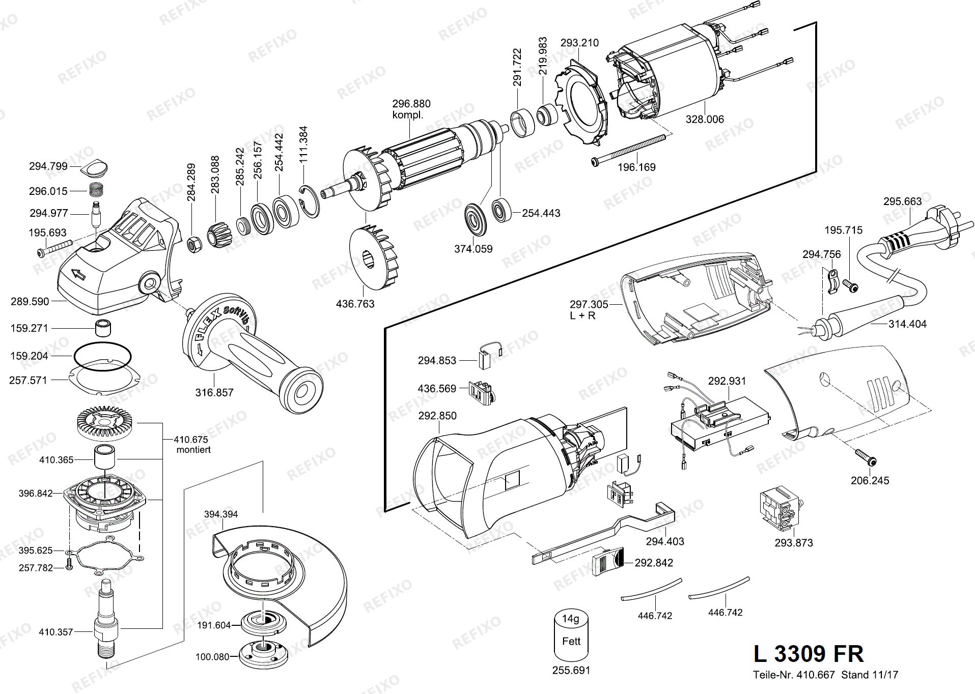 Деталировка Flex L 3309 FR FRG угловая шлифмашина ab 01.2017 L3309FR — схема запчастей в разборе