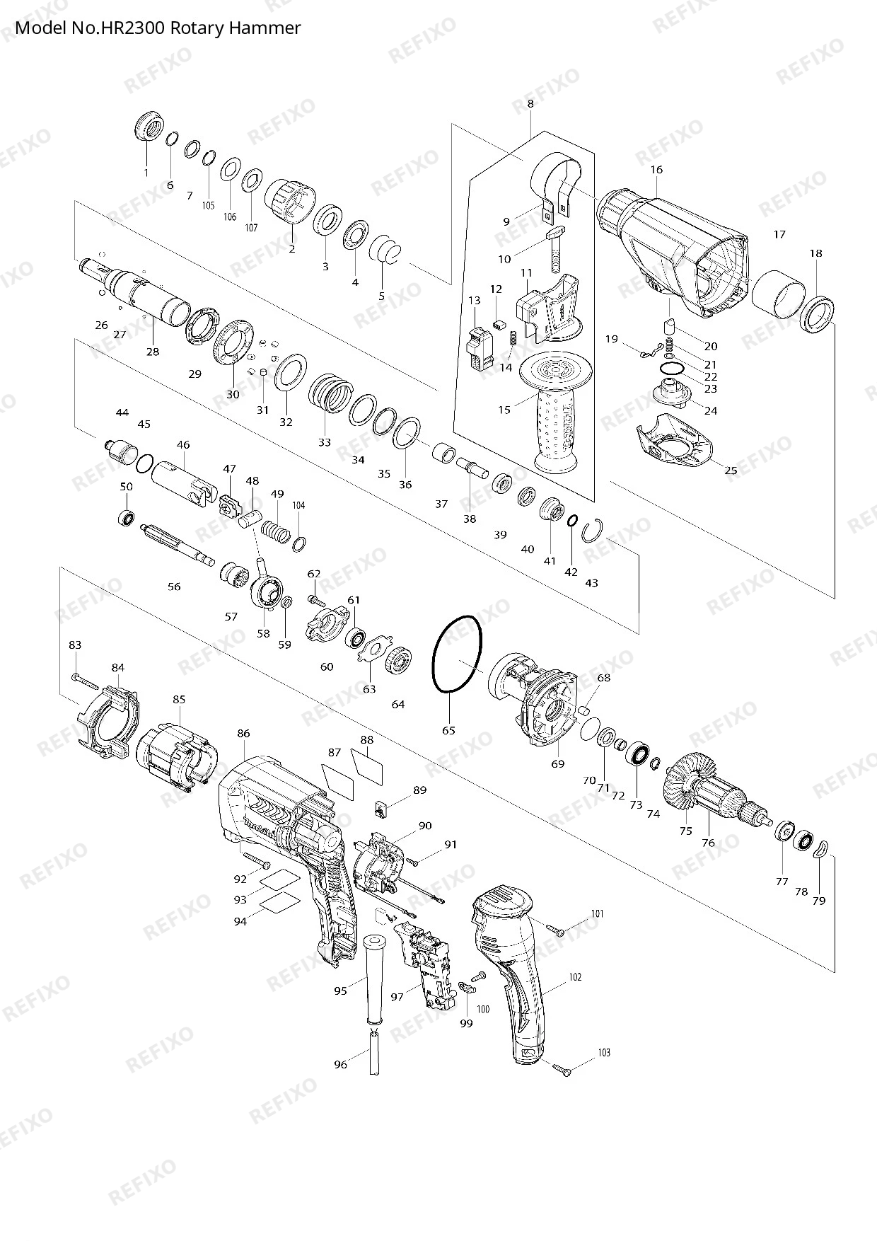 Деталировка MAKITA HR2300 — схема запчастей в разборе