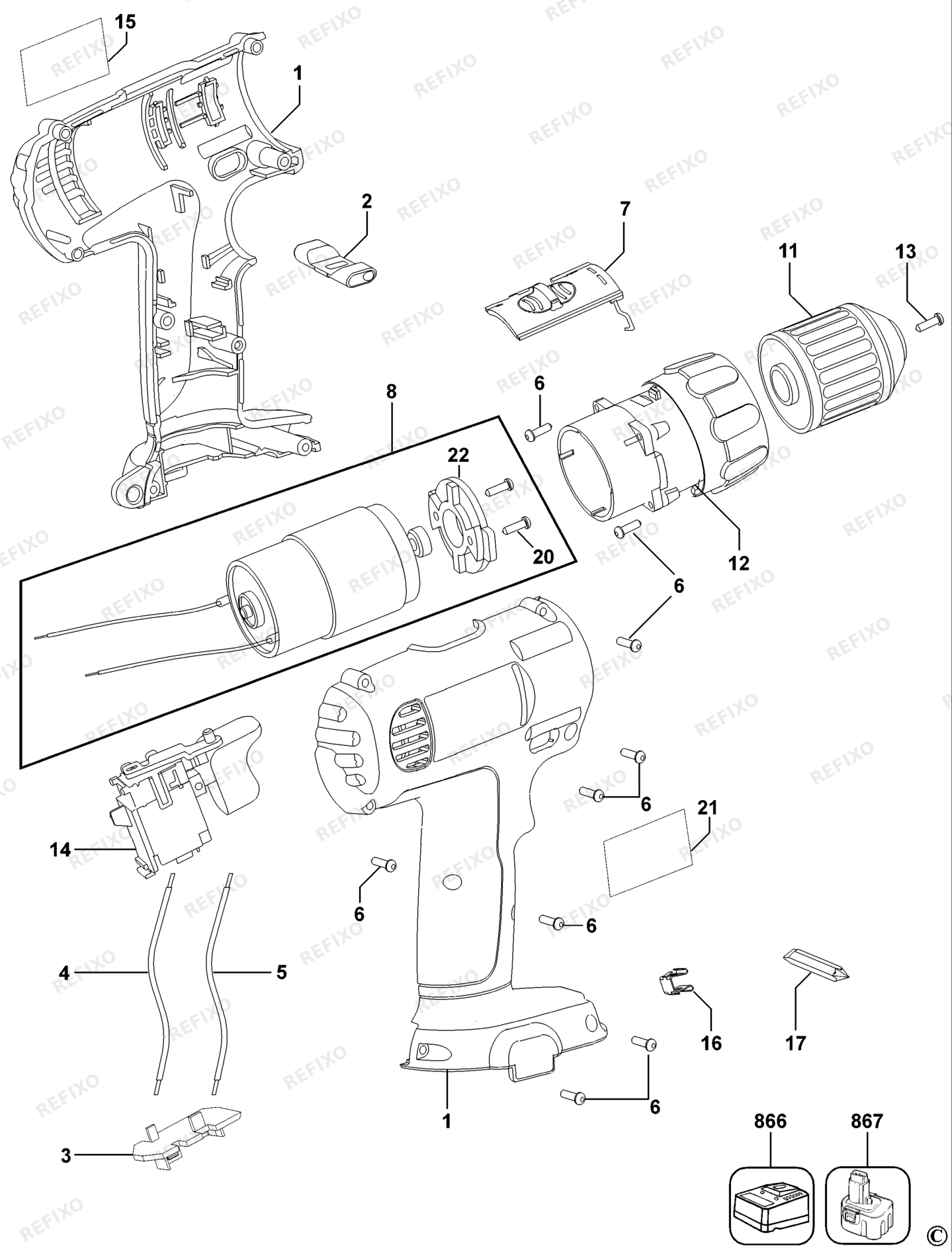 Деталировка DeWalt DC750-QW TYPE 1 аккумуляторный - дрель DC750-QW DC750 — схема запчастей в разборе
