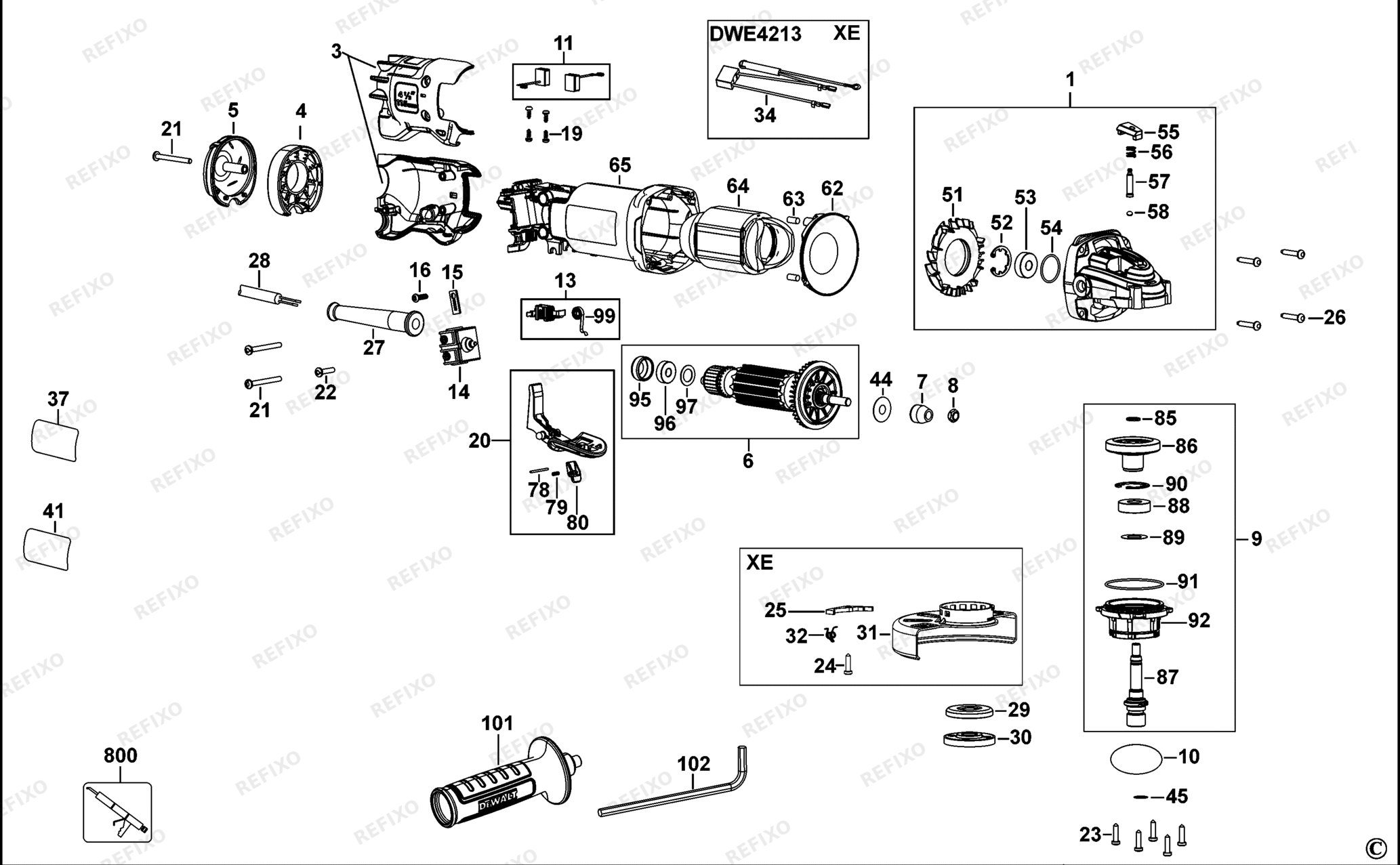 Деталировка DeWalt DWE4213-XJ TYPE 1 SMALL ANGLE GRINDER DWE4213-XJ DWE4213 — схема запчастей в разборе