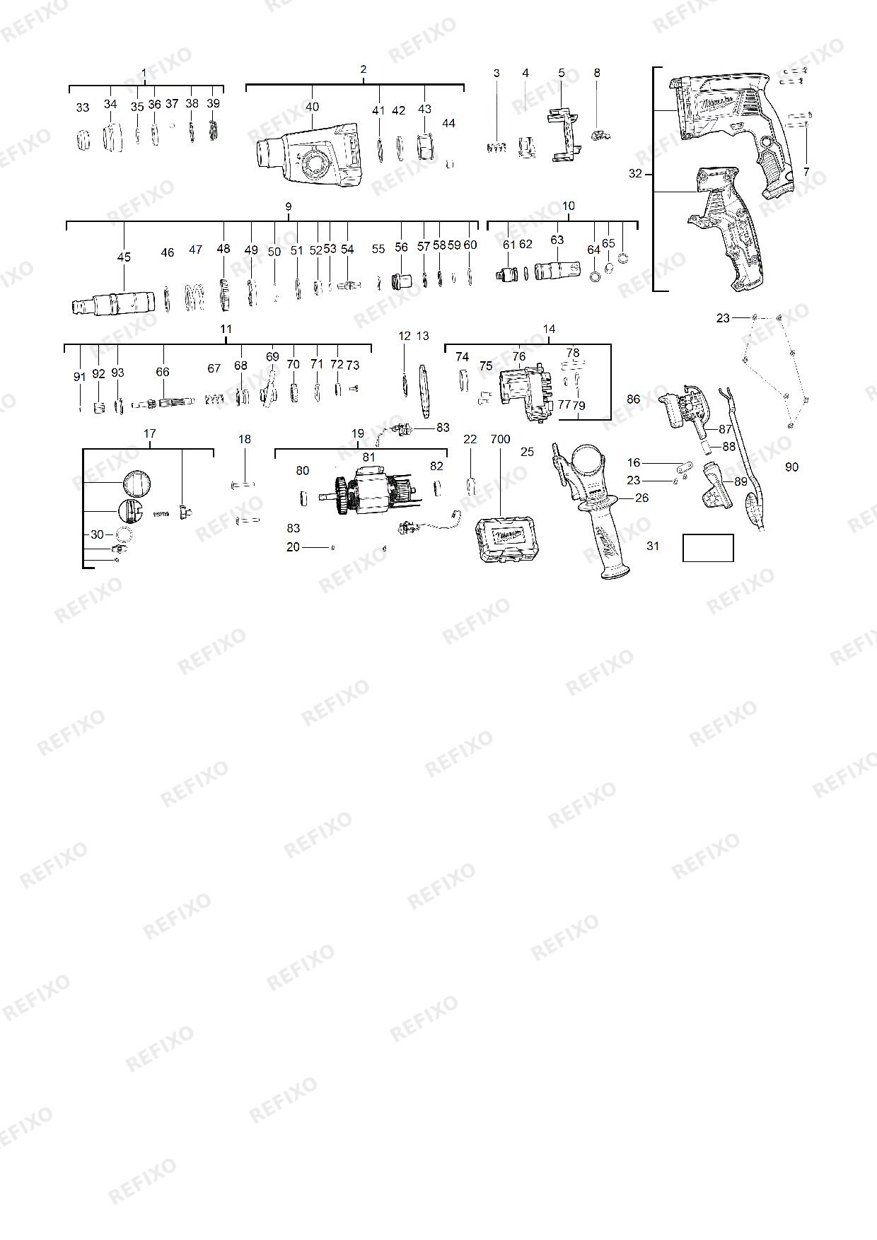 Деталировка MILWAUKEE PH26T 4933464580 4000469050 — схема запчастей в разборе