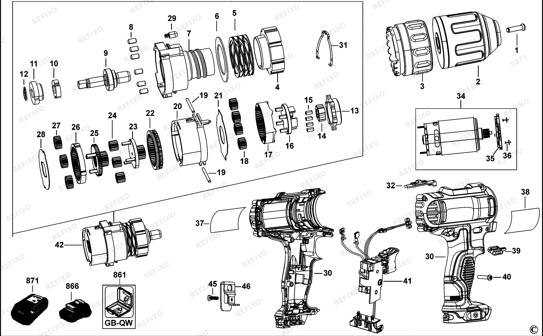 Деталировка DeWalt DCD710-QW TYPE 2 аккумуляторный - дрель DCD710-QW DCD710 — схема запчастей в разборе