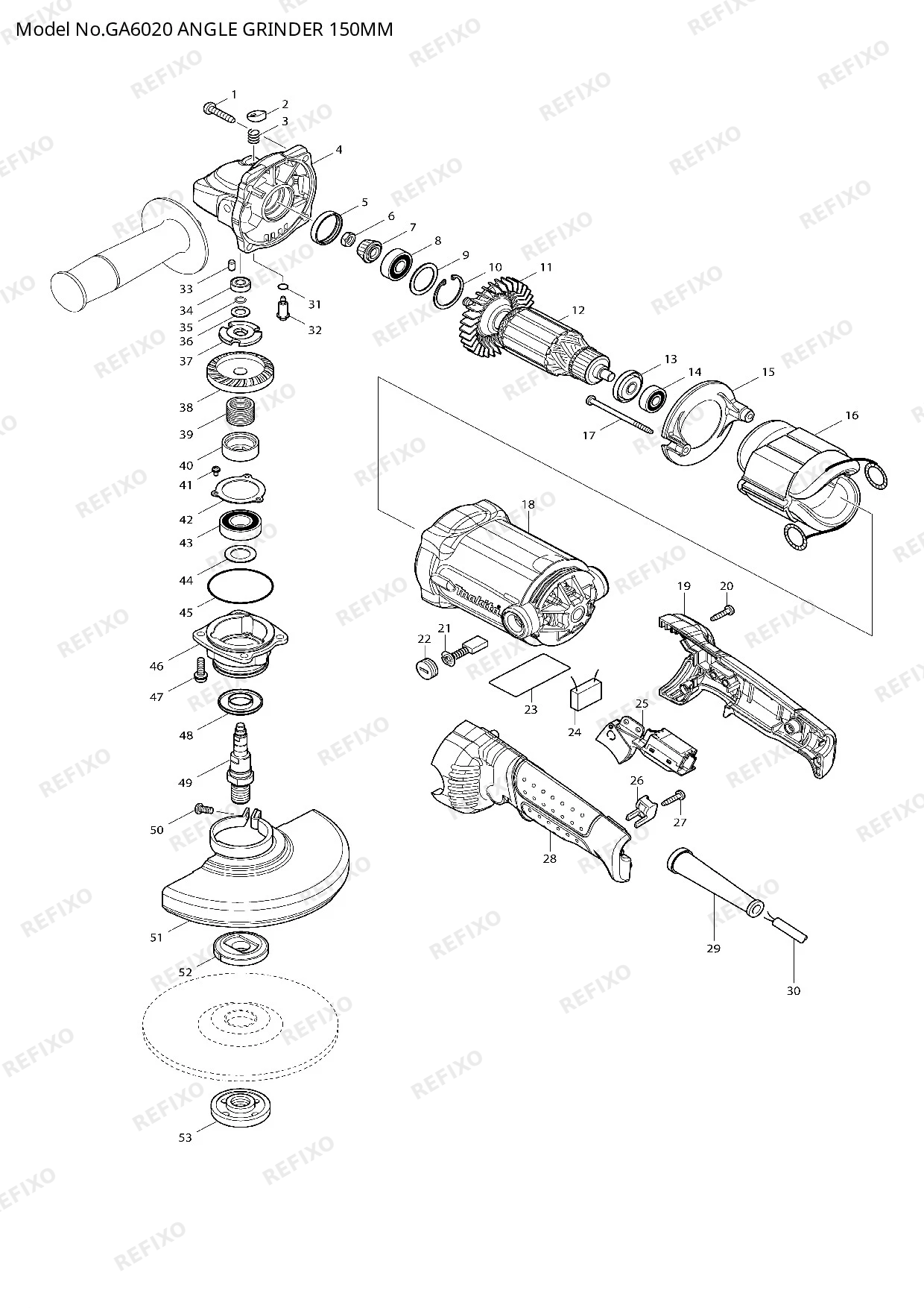 Деталировка MAKITA GA6020 — схема запчастей в разборе