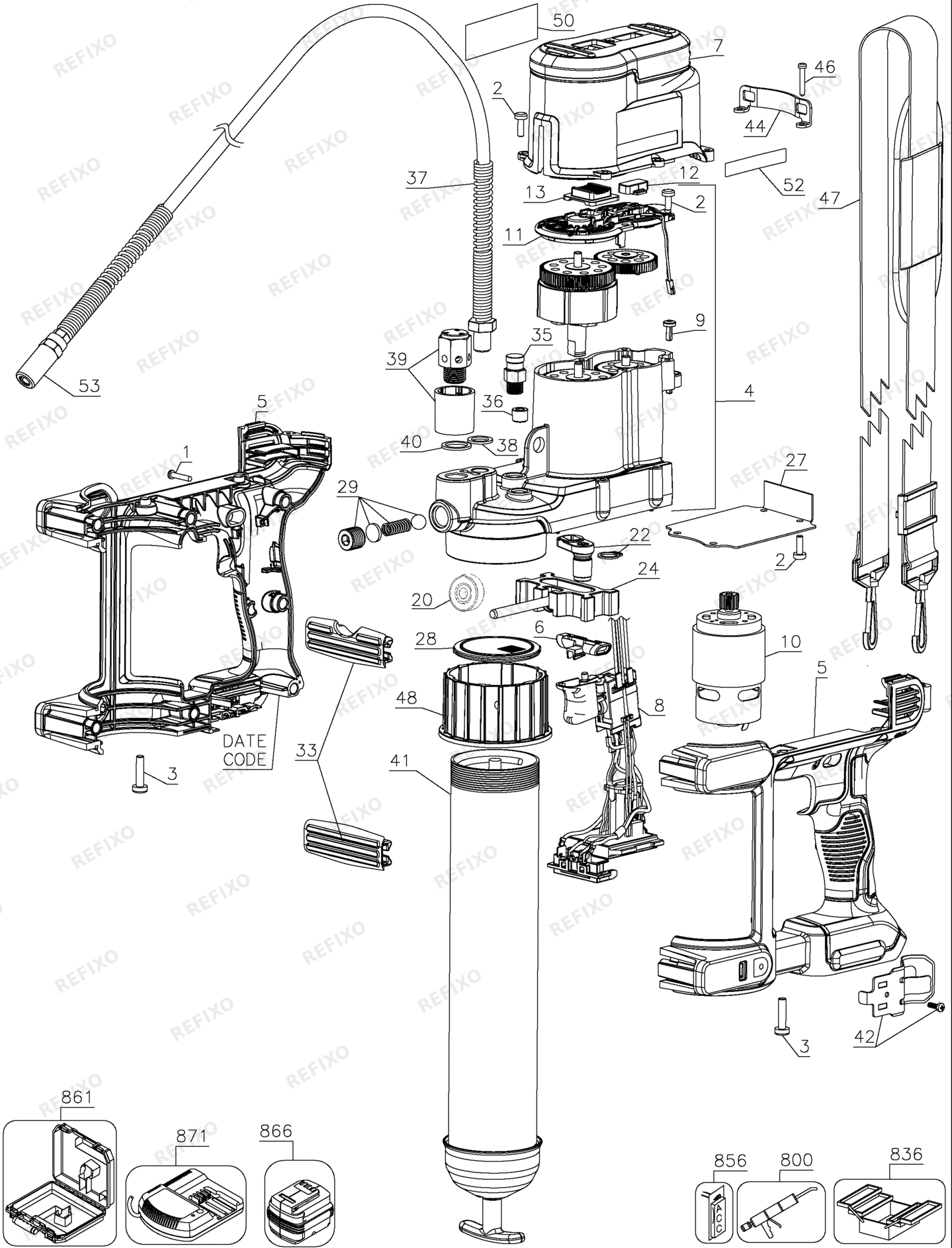 Деталировка DeWalt DCGG571KN-XJ TYPE 1 GREASE GUN in KITBOX - Ba DCGG571KN-XJ DCGG571KN — схема запчастей в разборе