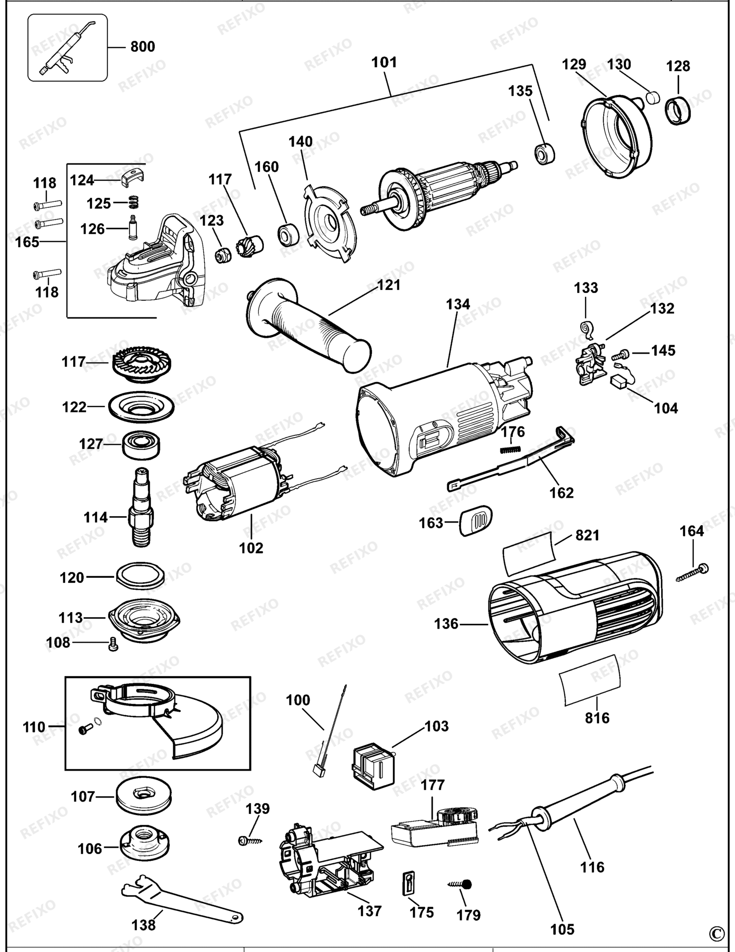 Деталировка DeWalt DWE4118-XJ TYPE 1 SMALL ANGLE GRINDER DWE4118-XJ DWE4118 — схема запчастей в разборе